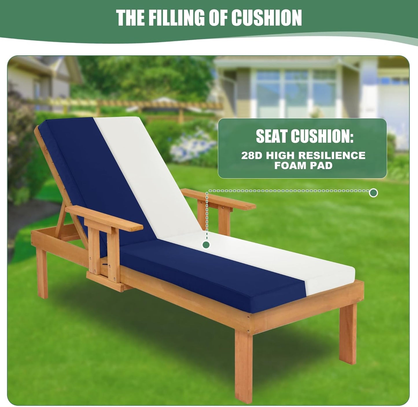 Chaise Lounge Cushions Outdoor Set of 2 - Waterproof and Fade Resistant Sun Lounger Replacement Cushions - Patio Lounger Pads with Removable Cover for Pool, Deck, 72 x 21 x 3 Inch, Navy