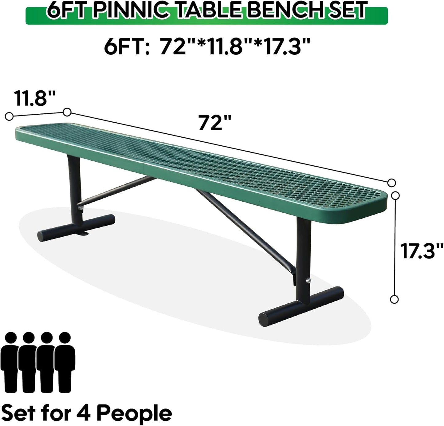 6 Feet Heavy Duty Metal Park Bench for Outside, Outdoor Bench with Portable Frame, Commercial Benches for Shopping Mall, Store, Park, Patio, Deck, Green