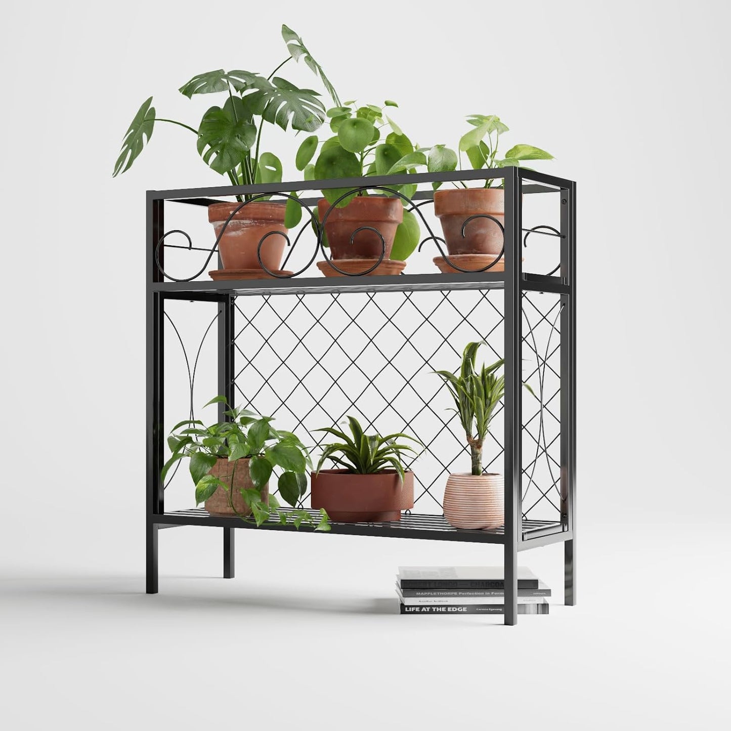 Zhongma 2 Tier Metal Sturdy Narrow Plant Stand, 35.43 L x 12.6 W x 35.43 H inch, Indoor and Outdoor Heavy Duty Metal Plant shelf for Small Spaces 440 LBS Capacity