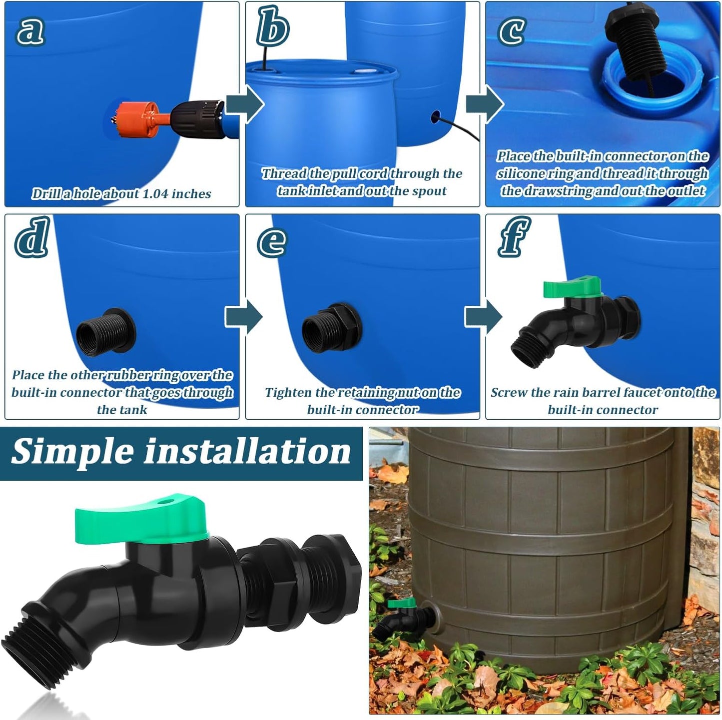 Plastic Rain Barrel Spigot Kit High Flow Water Barrel Faucet 1/2"NPT to 3/4"GHT Rain Barrel Valve with Bulkhead Fitting for Outdoor Plastic Bucket Garden Barrels