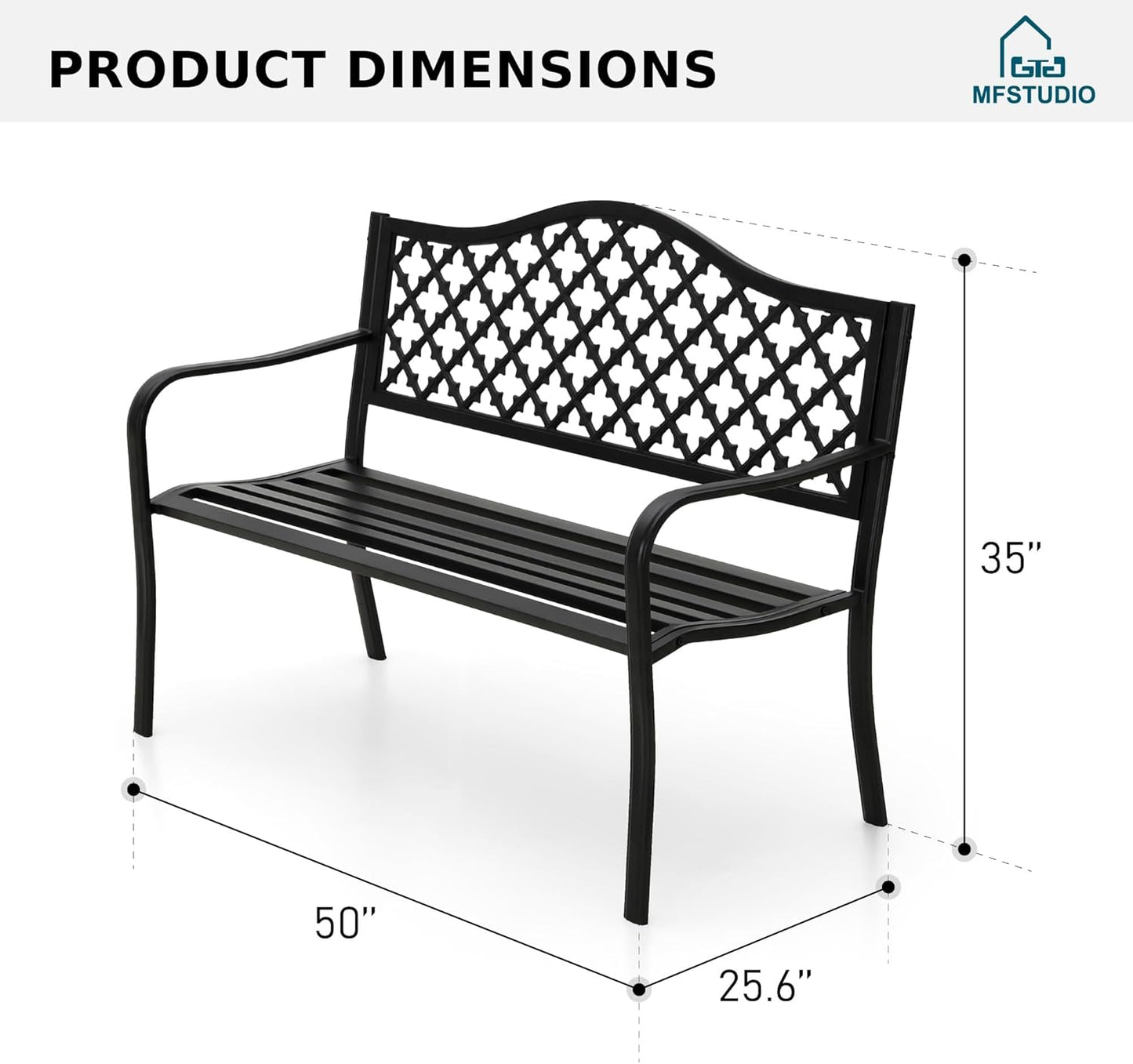 MFSTUDIO 50" Black Outdoor Metal Garden Bench, Cast Iron Frame Patio Furniture with E-Coating, Perfect for Porch and Yard