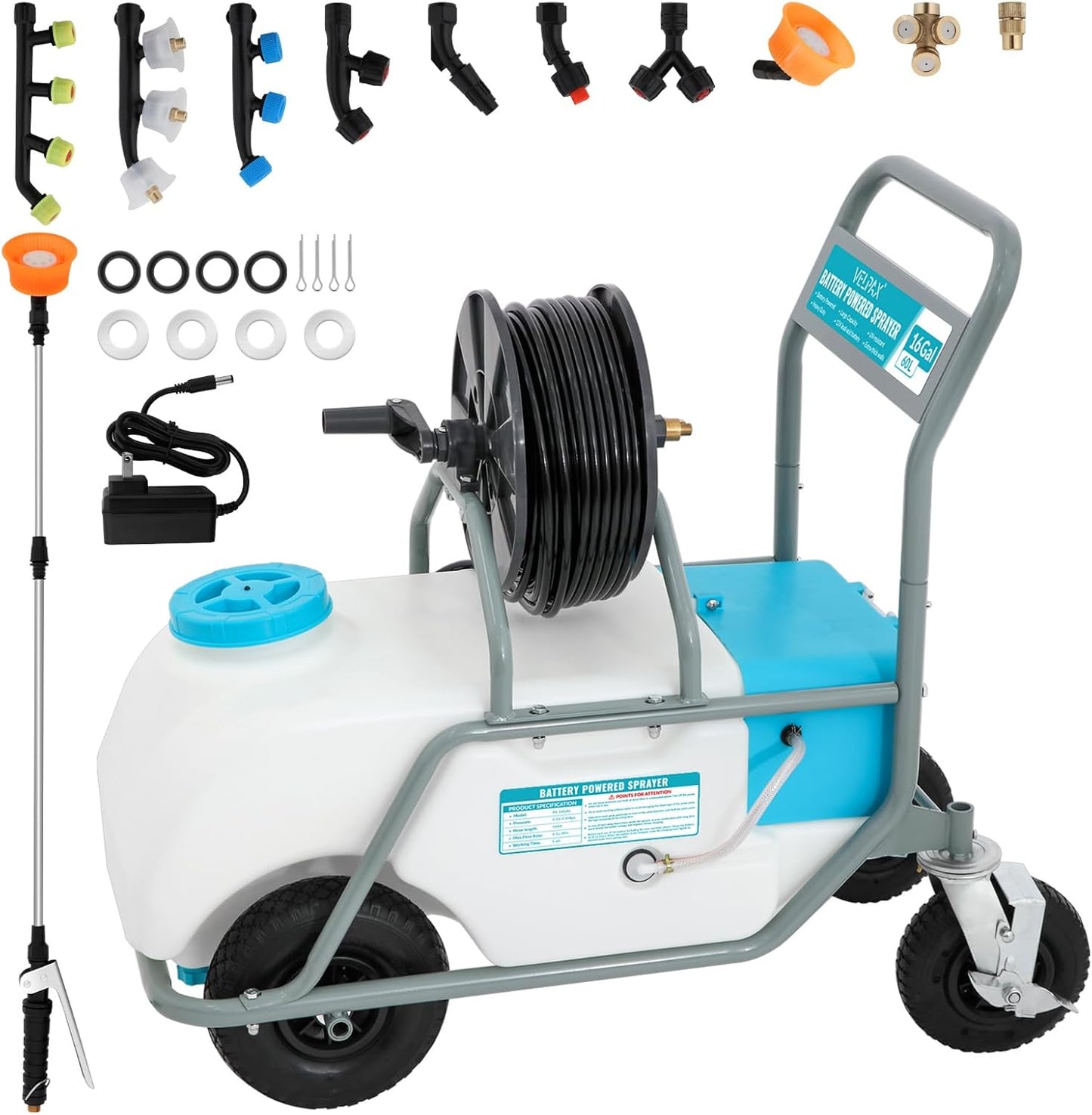 16 Gallon Battery Powered Sprayer,90 PSI Electric Pump,6 Hours Long Battery Life,12V 8Ah Battery,Adjustable HD Wand and 10 Nozzles,Portable Sprayer with Wheels for Lawn & Garden Spraying, Cleaning