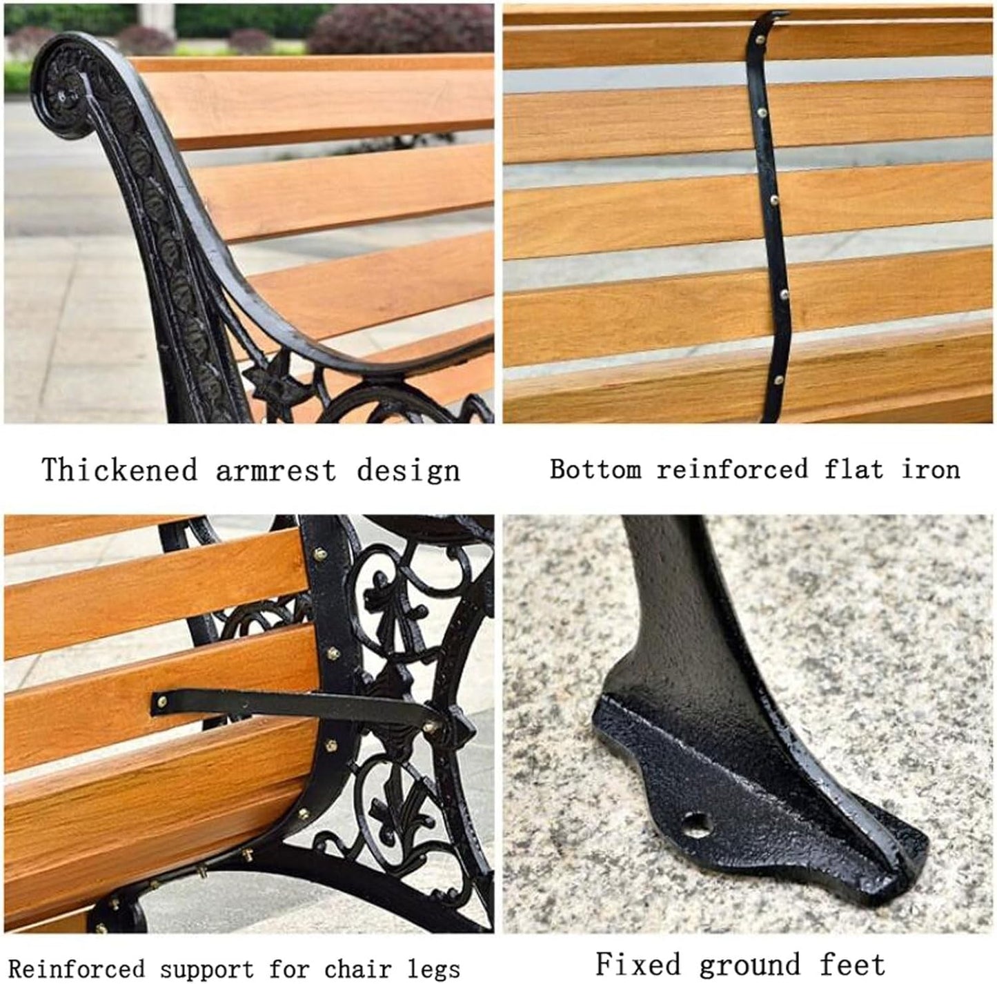 Garden Bench Outdoor Bar Hotel Patio Bench, Cast Iron Metal Frame Preservative Wood Patio Park Bench with Backrest and Armrests, for Porch, Lawn, Garden, Yard(Teak+Black Legs)