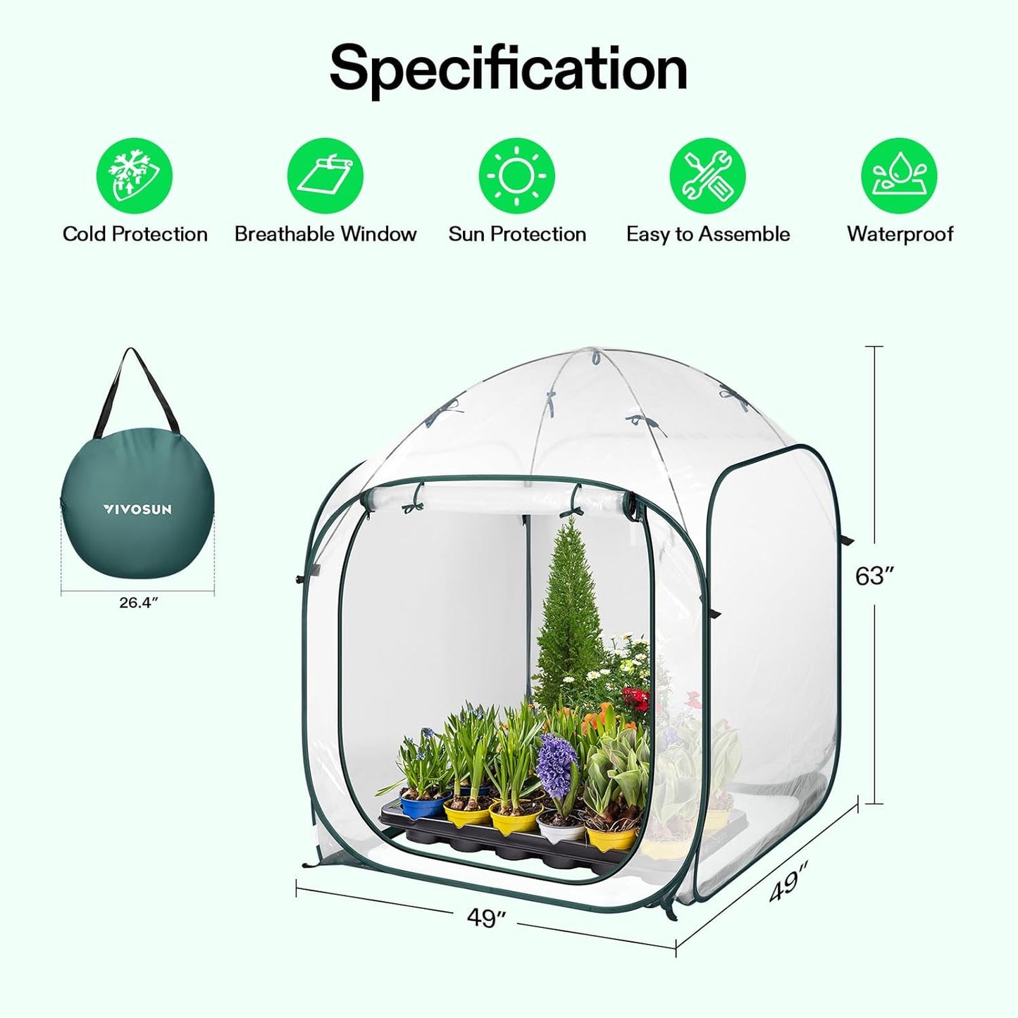 VIVOSUN 49x49x63-Inch Portable Walk-in Greenhouse, with PVC Cover & Detachable Base, Instant Pop-up and Folding, Mini Greenhouse with Roll-Up Door & Mesh Window for Indoor Outdoor, Wind Ropes Included