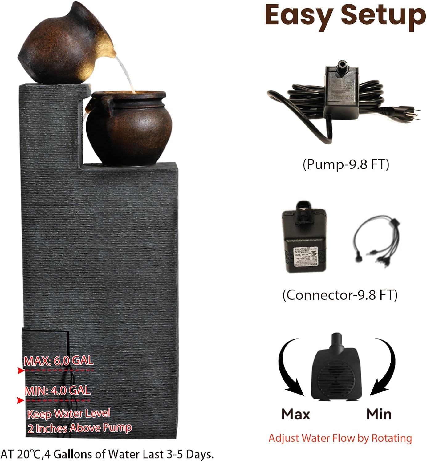 53" H Large Water Fountain Outdoor-The 4 Cascading Modern Feature Crocks Garden Fountains and Waterfalls with Warm Lights for Porch, Deck, Patio, Backyard Home Décor (Gray)