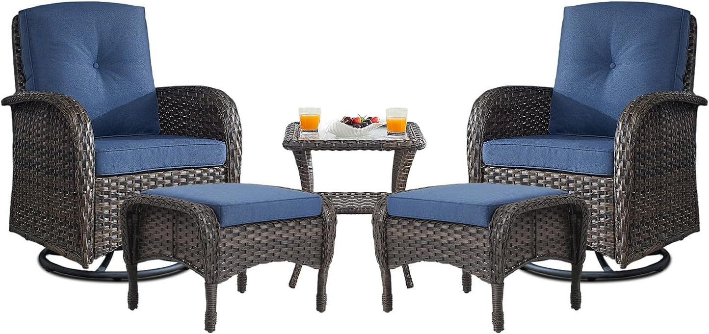 Small Conversation Sets Patio Funiture - 5 Piece Outdoor Swivel Rocker Wicker Furniture Sets with Ottomans Side Table Perfect for Patio Deck Backyard, Brown Wicker Blue Cushion