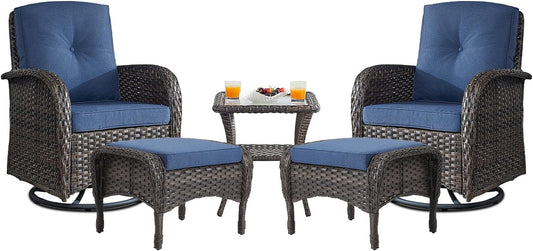 Small Conversation Sets Patio Funiture - 5 Piece Outdoor Swivel Rocker Wicker Furniture Sets with Ottomans Side Table Perfect for Patio Deck Backyard, Brown Wicker Blue Cushion