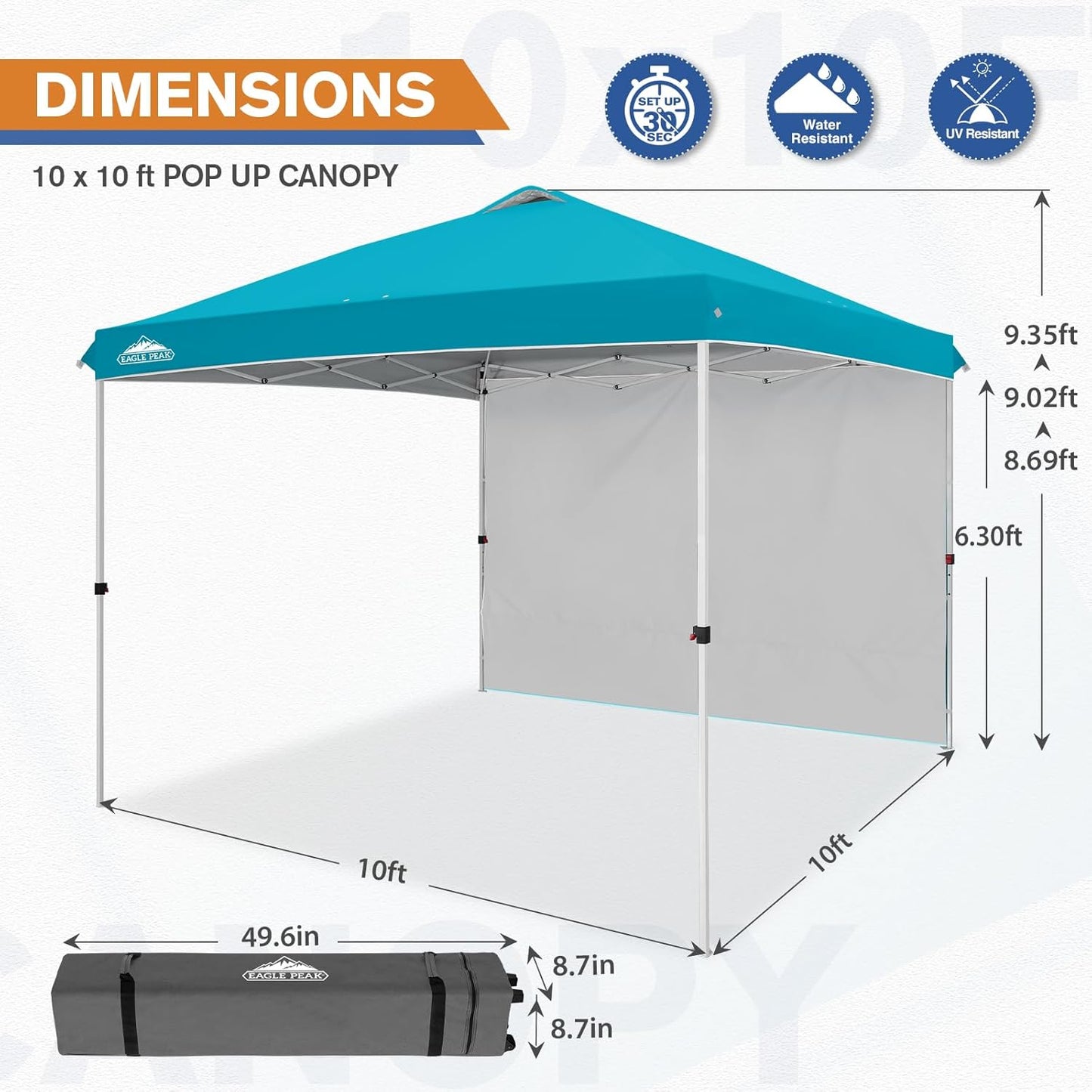 EAGLE PEAK Pop Up Canopy Tent with 1 Sidewall, Easy Setup Event Tent, Outdoor Sun Shade, Wheeled Carry Bag, Stakes and Guy Ropes, Instant Canopy 10x10, Turquoise