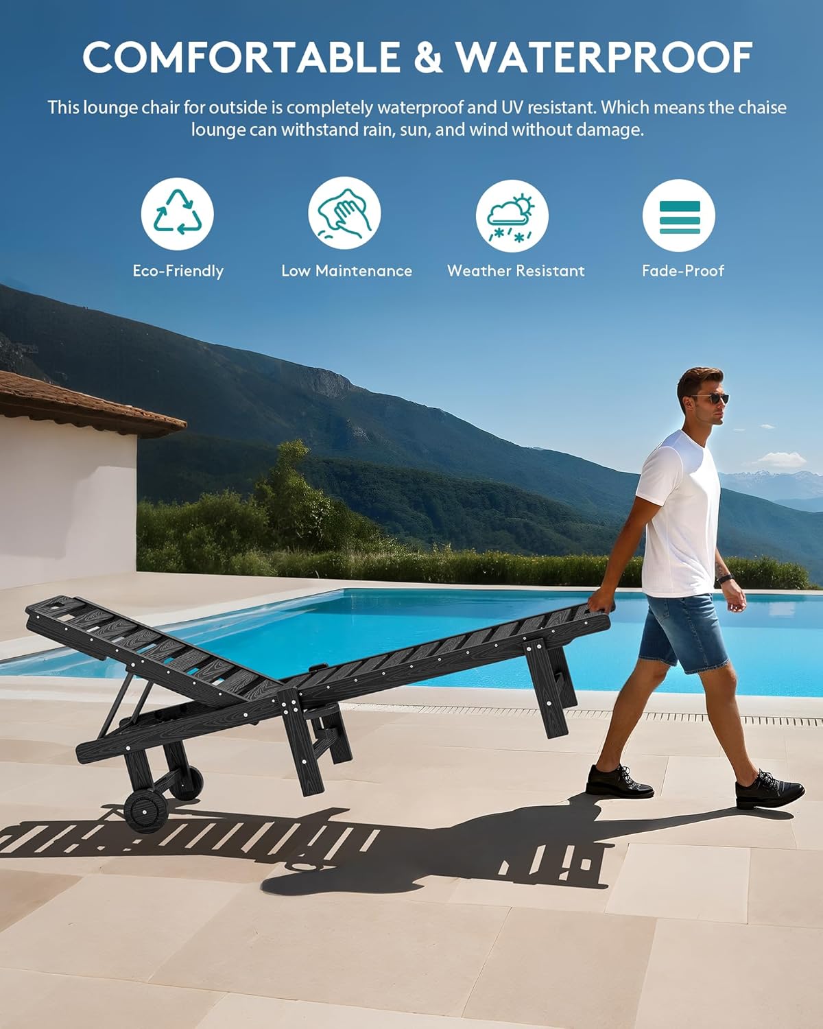 SERWALL Patio Chaise Lounge, HDPE Outdoor Lounge Chair with Cup Holder, 5 Positions Adjustable Poly Lounge Chair with Rolling Wheels for Poolside, Deck, Sunbathing, Black