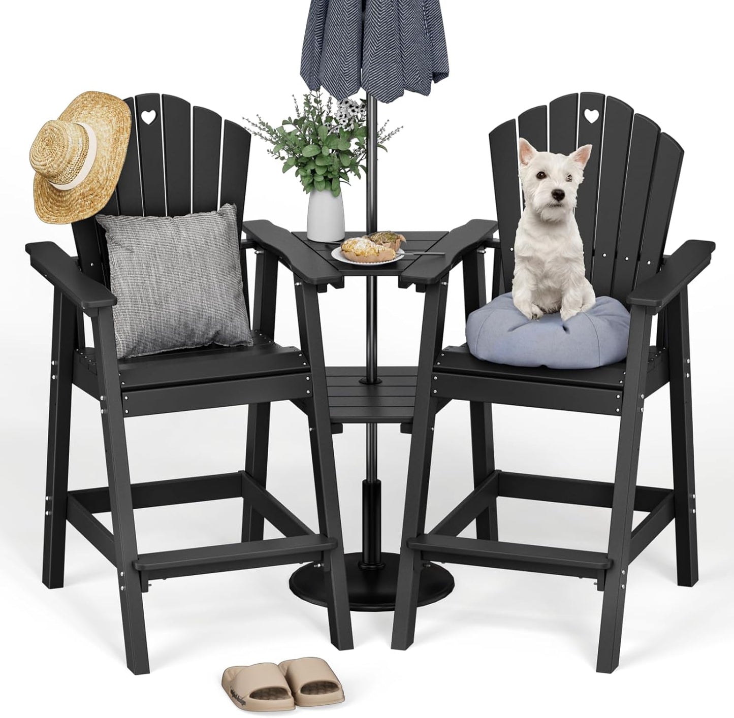 Tall Adirondack Chairs Set of 2 with Double Layer Connecting Table, HDPE Bar Height Outdoor Table and Chairs with Umbrella Hole, All Weather Outdoor Bar Stools for Patio, Deck,Backyard(Black)