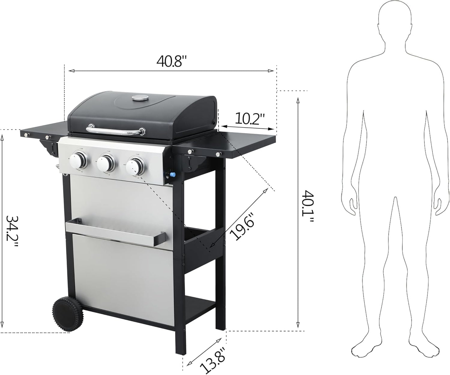 3-Burner Propane Gas BBQ Grill with Side Burner - Stainless Steel 30,000 BTU Patio Garden Barbecue Grill with Two Foldable Shelves