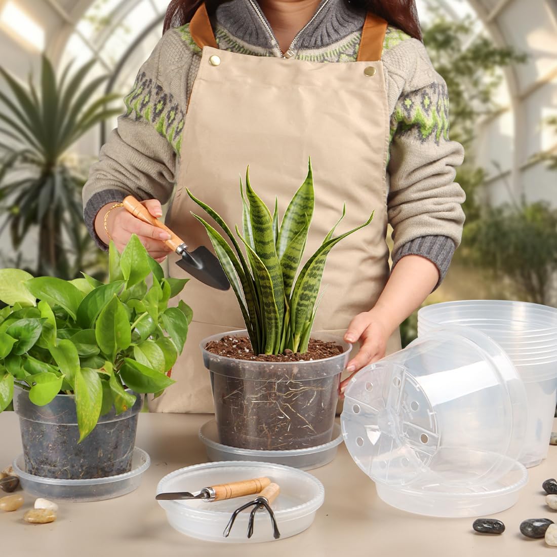 12 Pack 7 Inch Clear Nursery Pots with Saucer, Transparent Plastic Plant Pots with Drainage Holes, Sturdy Plant Starter Pots, Planter Pot for Planting Succulent Flower Herb Vegetable, Gardening Gifts