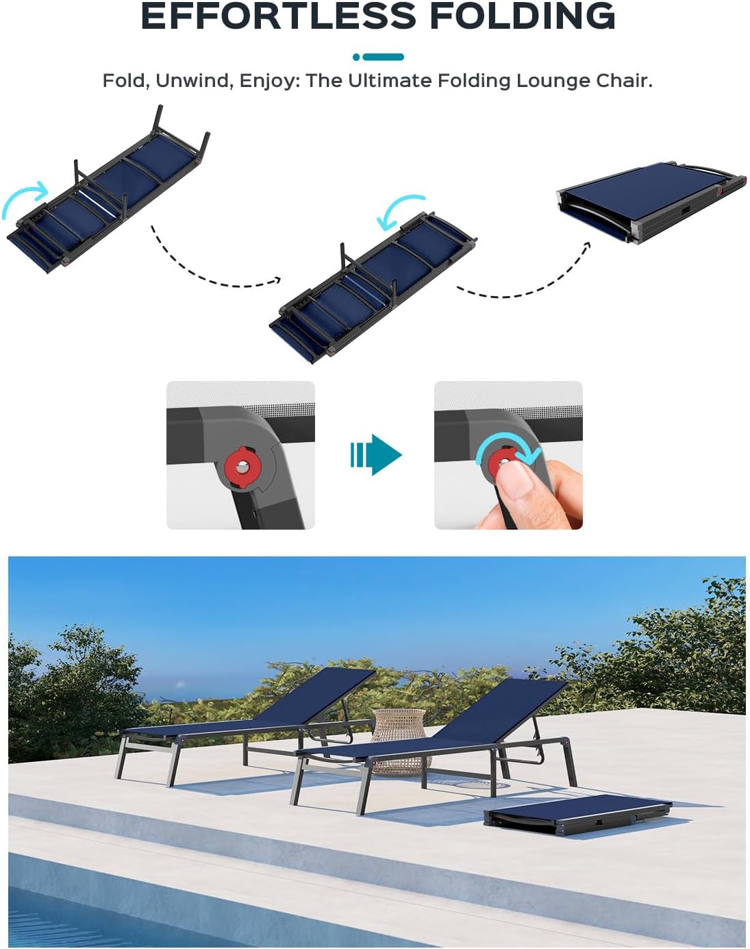 Patio Chaise Lounge Chair, Foldable Lounge Chair for Outside, Aluminum Chairs Set of 2 with 5 Adjustable Backrest, Outdoor Pool Lounger for Poolside, Lawn, Deck, Navy Blue