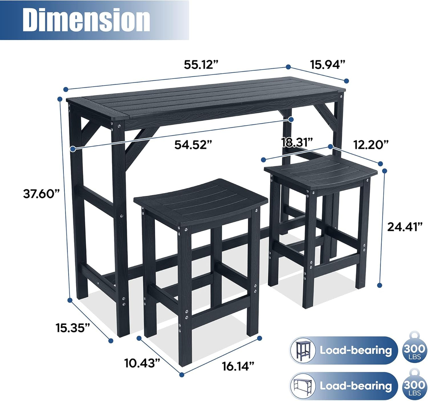 3Pcs HIPS Outdoor Patio Bar Set, All Weather HIPS Bar Table and Chairs Set for Outside, 55" Rectangular High Top Bar Table with 2 Bar Stools for Poolside, Patio, Balcony, Deck, Black