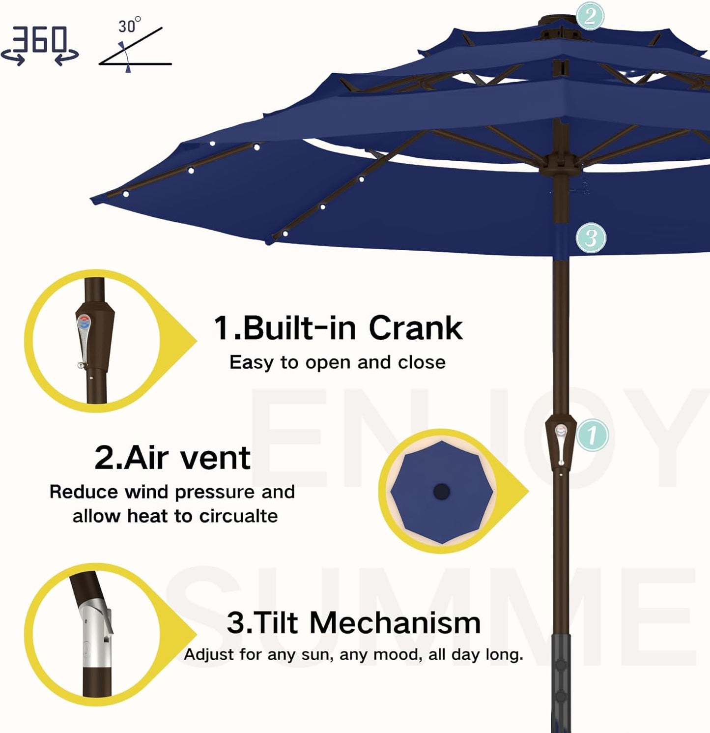 Kingdura 9ft 3-Tier Patio Umbrella with Solar Lights, Table Umbrella Outdoor Patio with Easy Crank & Tilt, 8 Sturdy Ribs, UV Protection, 32 LED Lights for Deck, Poolside, Market (Navy blue)