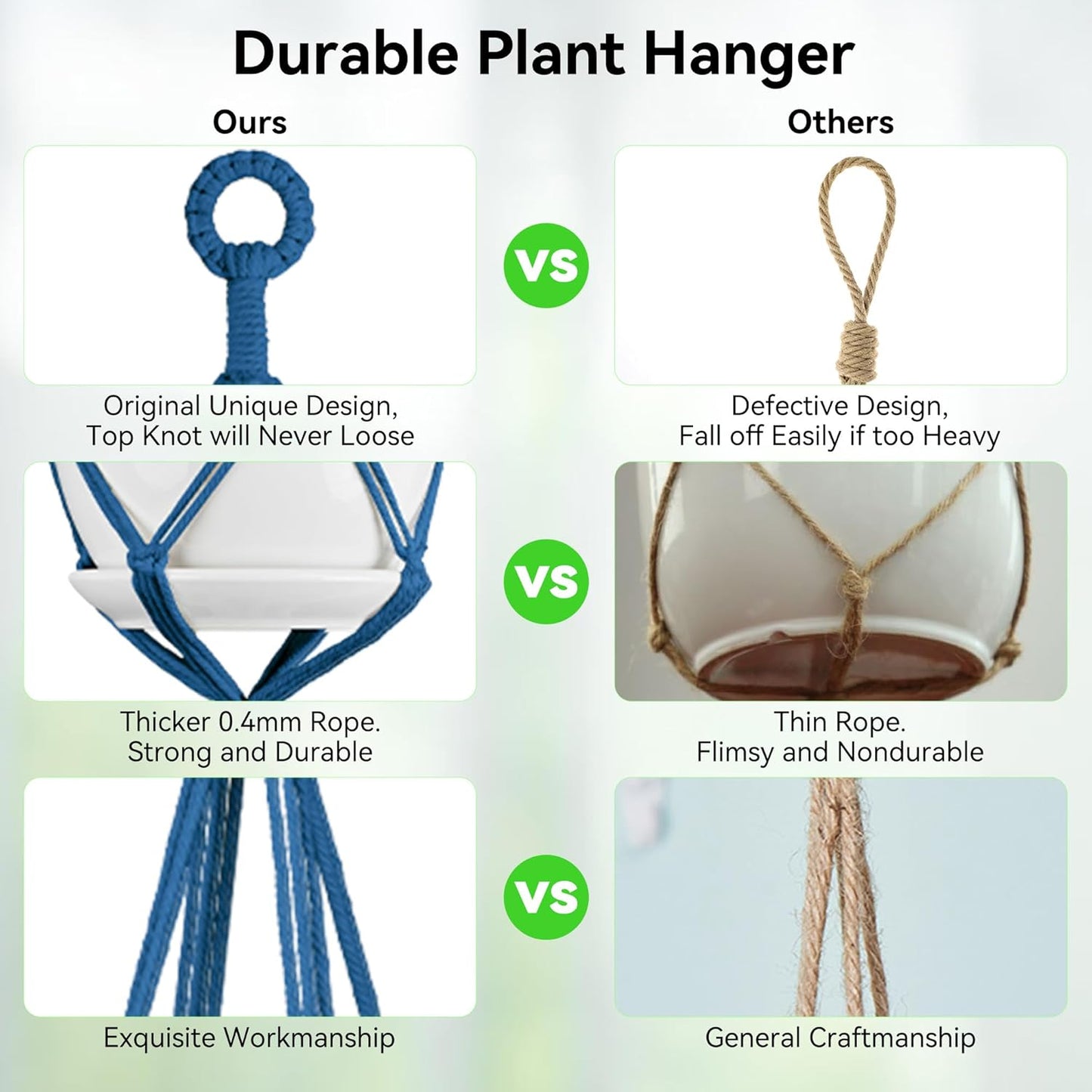 USLAI Macrame Plant Hanger Indoor Outdoor, Up to 4-15 inch Pot, Heavy 20lb Planters, Extra Long Strong Hanging Planter Basket Holder, Boho Home Decor, 35+49 Inch, Blue (POTS NOT Included)