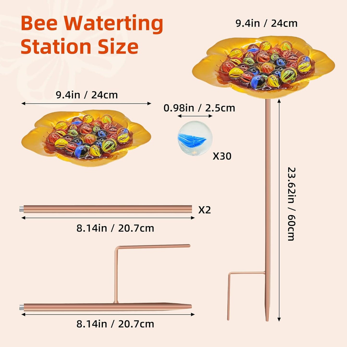 Bee Watering Station-Golden Butterfly Puddler Bee Bath & Feeder with Metal Stakes - 30 Glass Marbles, Vivid Flower Design, Garden Yard Decor (Golden-2PACK)