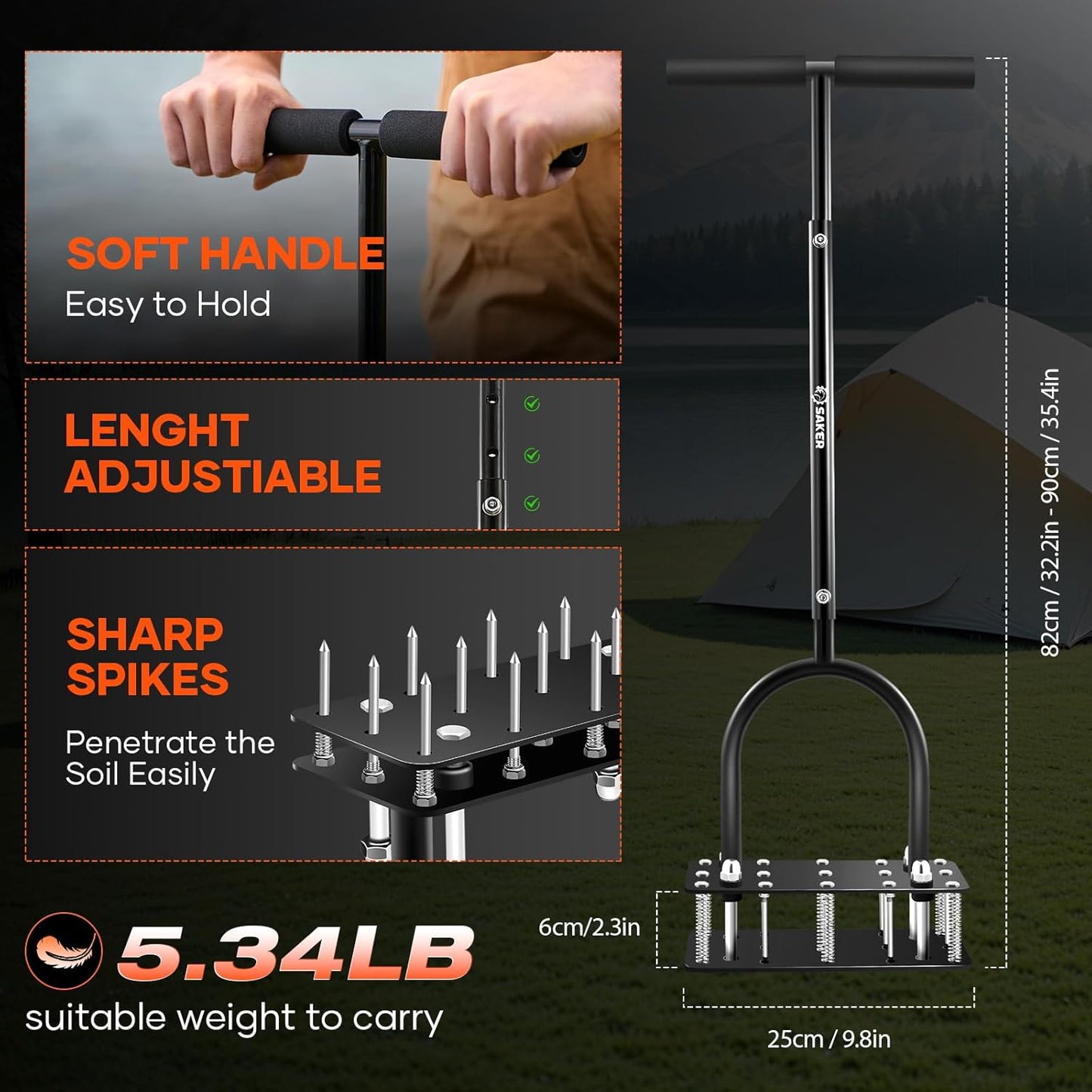 Saker Lawn Aerator, Lawn Aerator Tool with 15 Iron Spikes, Automatic Leaf and Dirt Cleaning, Spring-Loaded Design, Manual Aeration Lawn Tool for Loosening Soil Aerating Patio, Yard, Garden