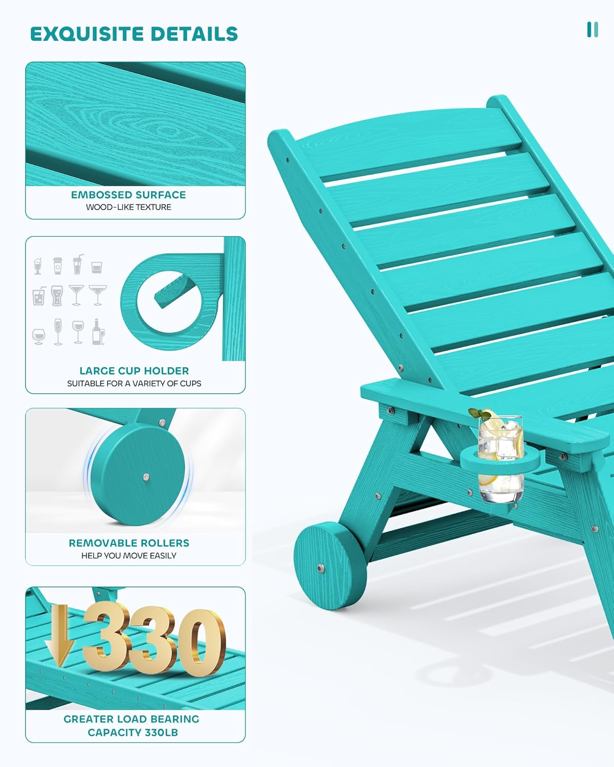 SERWALL Patio Chaise Lounge Chair, 78'' Long HDPE 5 Positions Adjustable Outdoor Lounger, Poly Lounge Chair with Rolling Wheels & Cup Holder for Pool, Aqua Blue