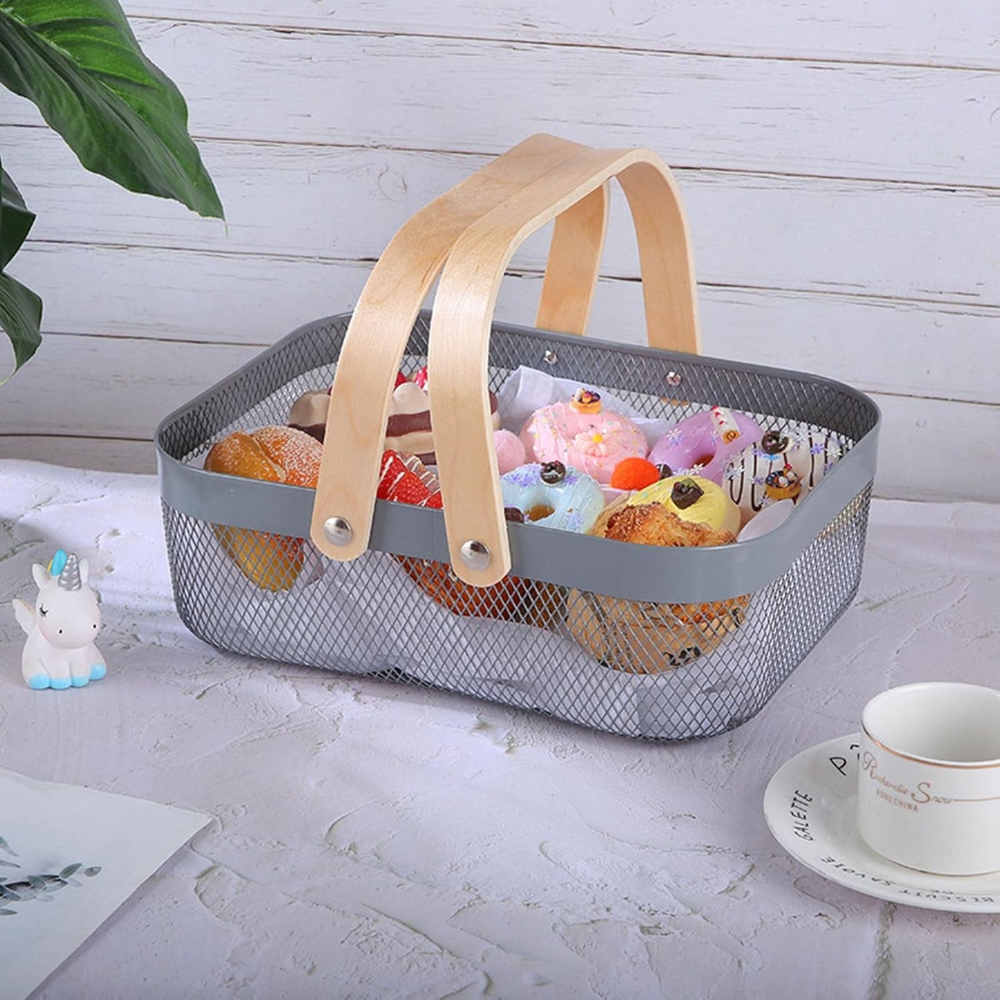 Metal Mesh Steel Basket, Storage Organizer Basket Garden Harvest Basket Multi-functional Kitchen Fruit Baskets Bin with Wooden Handle for Bathroom Picnic Shopping Decor Cabinet Home, Grey