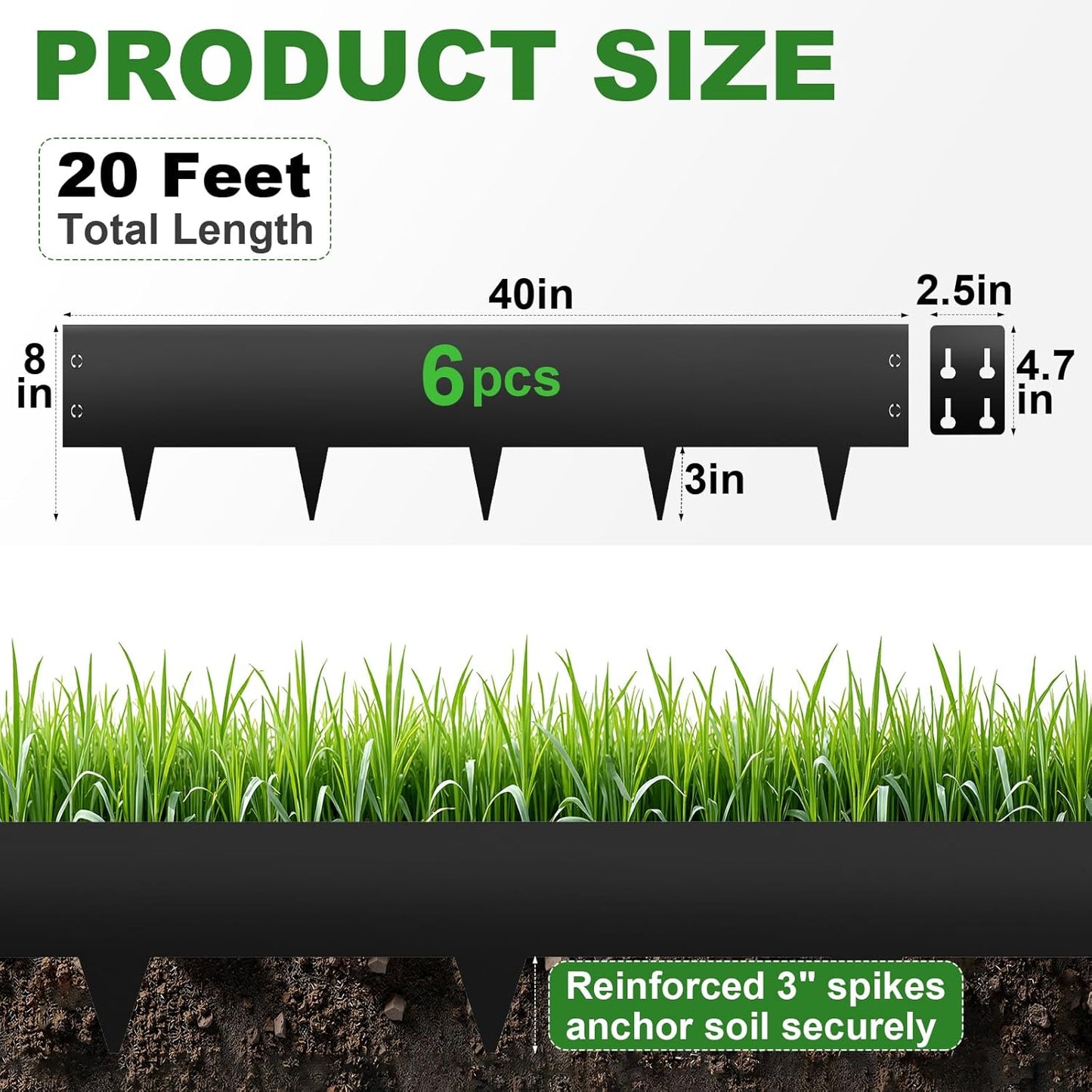 Steel Landscape Edging 6-Pack, 8" H X 40" L Bendable Metal Edging for Landscaping, No-Dig Metal Landscaping Edging for Yard, Lawn Edge, Pathway & Flower Beds (20Ft Total)