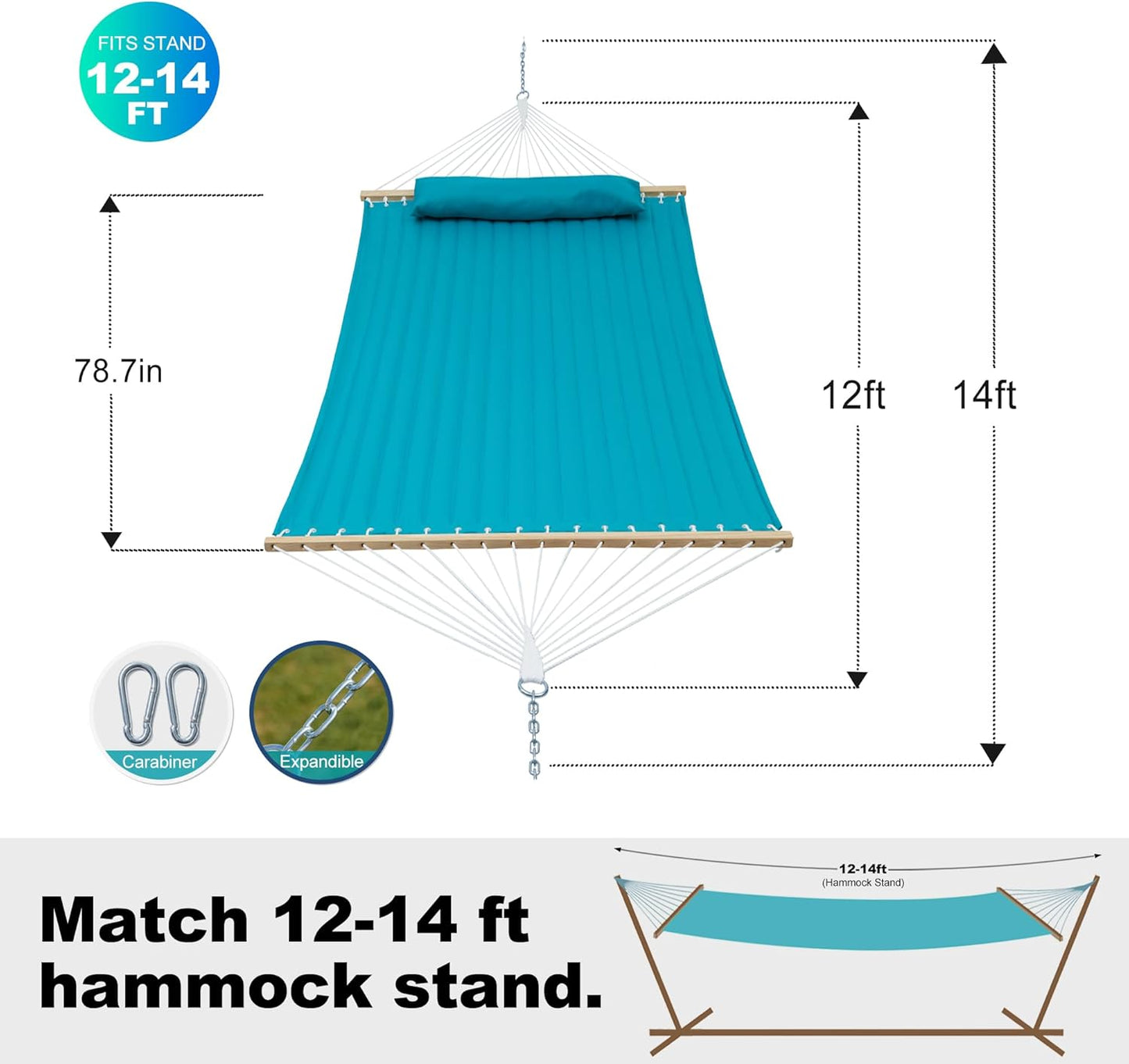 Double Quilted Fabric Hammock with Spreader Bar, Fits 12-14ft Hammock Stand, 2 Person 14ft Hammocks for Outside, Large Removable Pillow, Storage Bag, Carabiners, Max 475 lbs Capacity (Aqua)