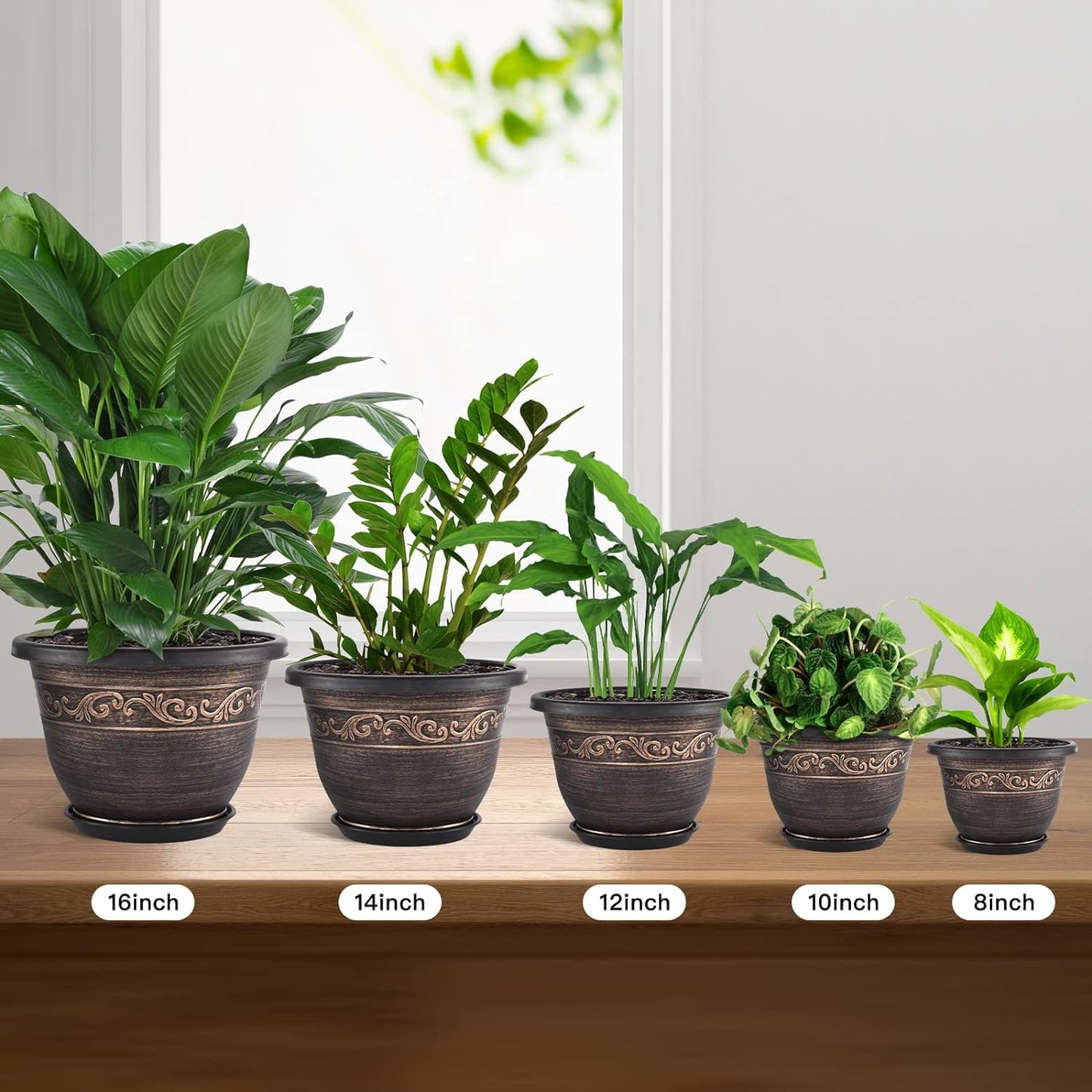 Plastic-Plant-Flower-Planters-16 Inch with Drainage Hole & Saucer, 3 Packs Lightweight Small Resin Flower Pot Indoor Outdoor, Retro Antique Imitation Decorative Garden Containers Sets for Houseplants