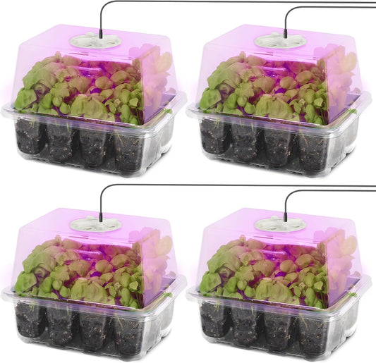 MIXC Seed Starter Kit with Grow Light, Elevated Seedling Tray Kit with Adjustable Humidity Dome and Clear Cell Tray, 12 Full Spectrum Led Beads for Seed Starting Greenhouse, 4 Pack, Transparent
