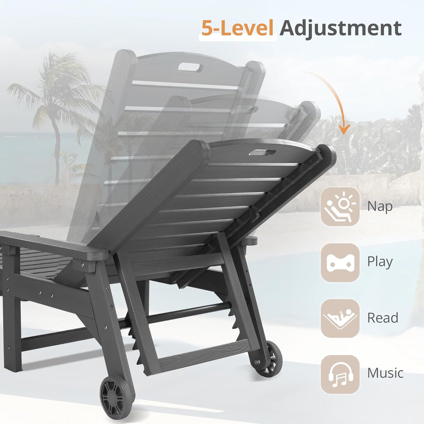 LUE BONA Chaise Lounge Chairs Set with Table, 6-Piece, 79'' Oversized HDPS Chaise Lounger, 5 Positions Adjustable Lounge Chairs, Pool Lounge Chair with Wheels for Poolside, 3 Year Warranty, Dark Gray