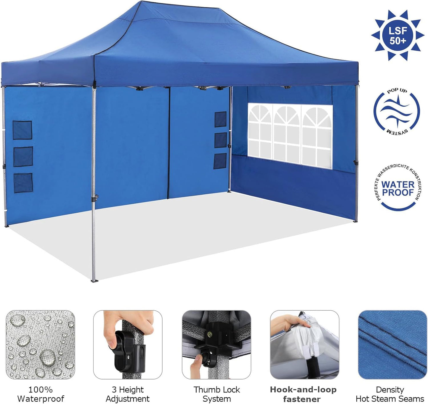 COBIZI 10x15 Pop up Canopy Heavy Duty with 4 Sidewalls, Easy Set-up Commercial Outdoor Party Canopy, 100% Waterproof Wedding Gazebo, 3 Height Adjustable with Handbag, Blue