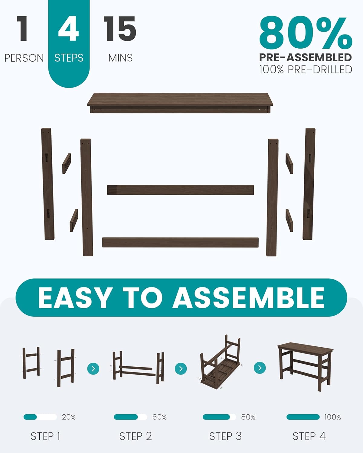 SERWALL 41" Outdoor Bar Table, HDPE Patio Bar Counter Height Table, All Weather Adirondack Outdoor Bar Height Table, Rectangle Patio Bar Table for Outside, Garden, Backyard, Balcony, Poolside, Coffee