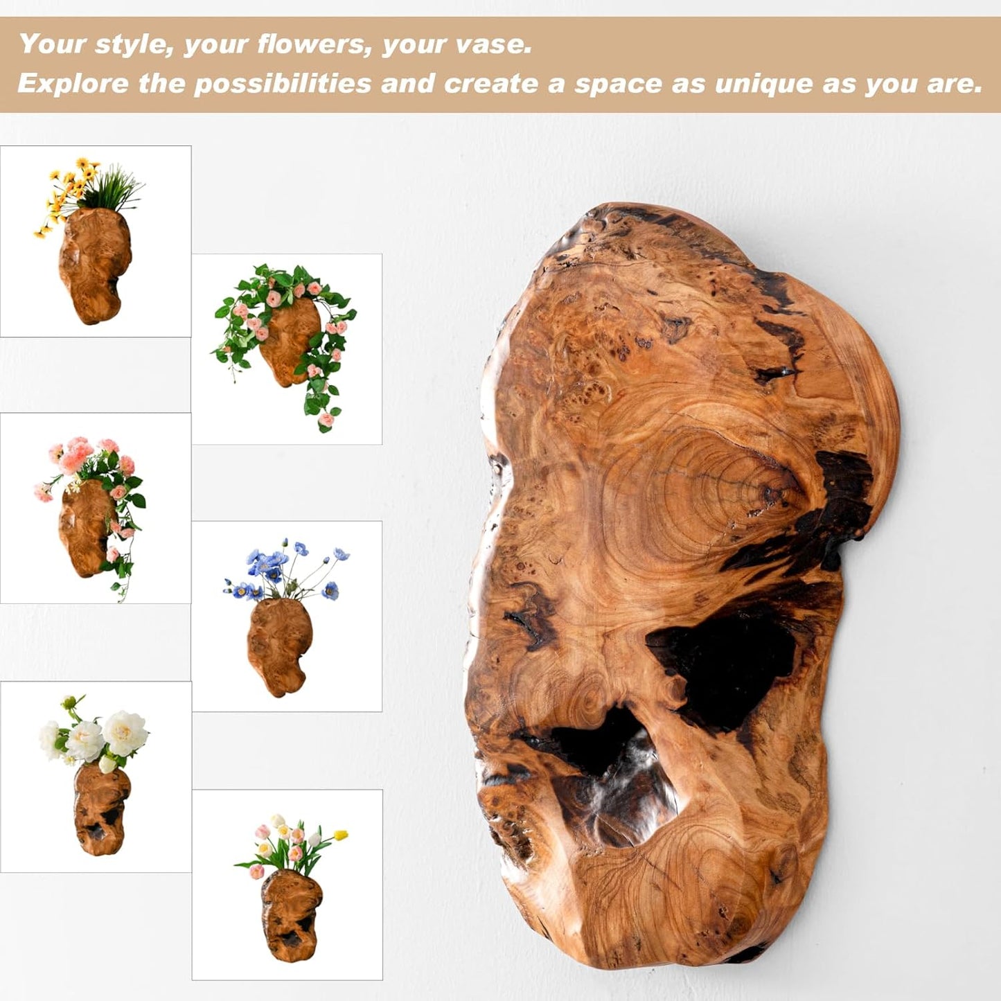 JOLLYMER 2-Pack Cedar Wood Live Edge Wall Vases – Natural Edge Hanging Flower Vase, Organic Root Carved, Rustic Home Décor, Handcrafted Wall Mounted Wooden Vase (Flowers Not Included)