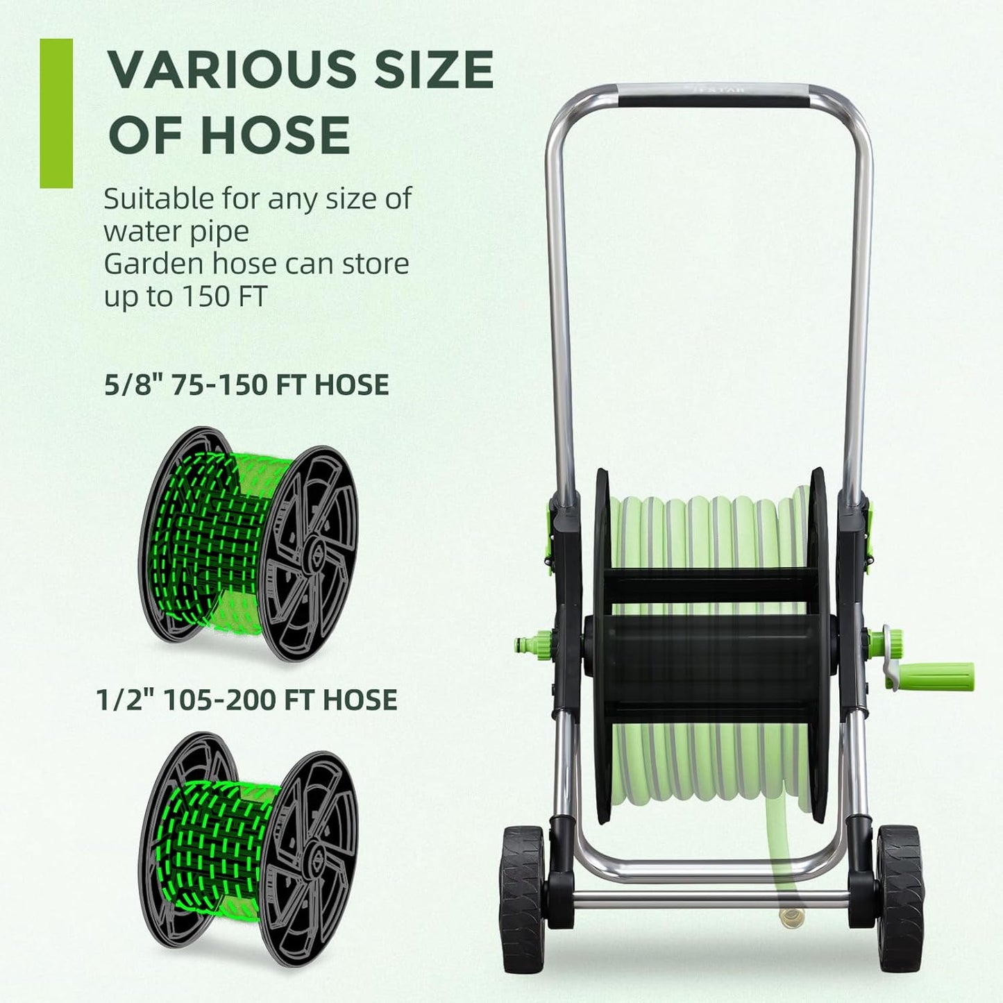 Garden Hose Reel Cart, Holds 75-150 Feet of 5/8-Inch Hose, Portable Hose Reel Cart With Wheels,Adjustable Handrail, Quick Hose Connector