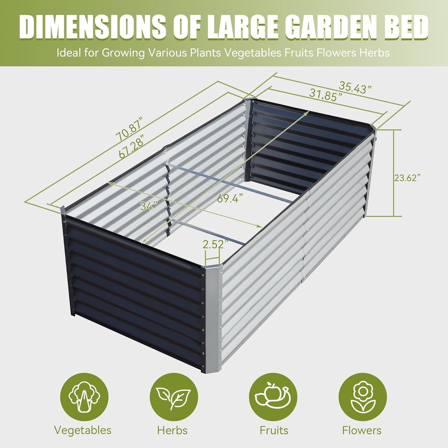 Domi Galvanized Raised Garden Bed, Outdoor Planter Garden Boxes Large Metal Planter Box for Gardening Vegetables Fruits Flowers, Silvery (6x3x2ft)