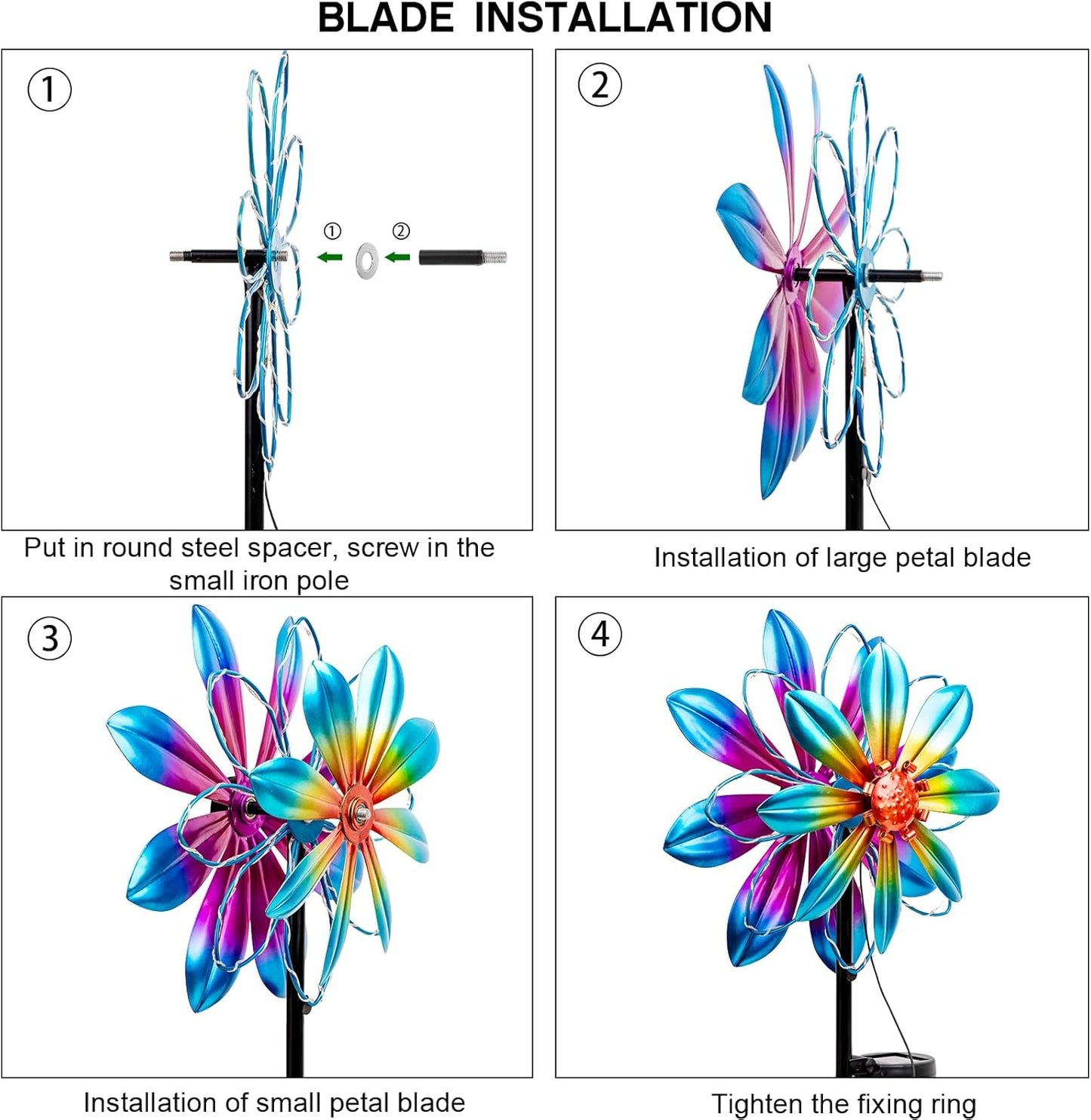 Flower Solar Wind Spinners- Metal Colorful Spinning Windmill Garden Ligths with LED Outdoor Decorative Stake Lighting Waterproof Flower Sculpture for Patio Yard