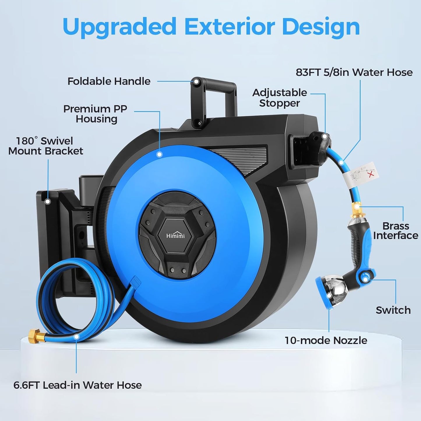 Retractable Garden Hose Reel, 5/8" x 90FT Automatic Retractable Water Hose Reel Wall Mount, with 10- Function Sprayer Nozzle, Any Length Lock/Auto Rewind/180°Swivel