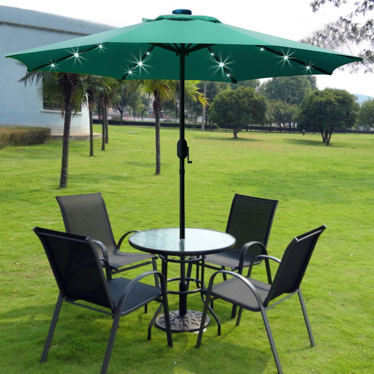Sunnyglade 9' Solar LED Lighted Patio Umbrella with 8 Ribs/Tilt Adjustment and Crank Lift System (Dark Green)