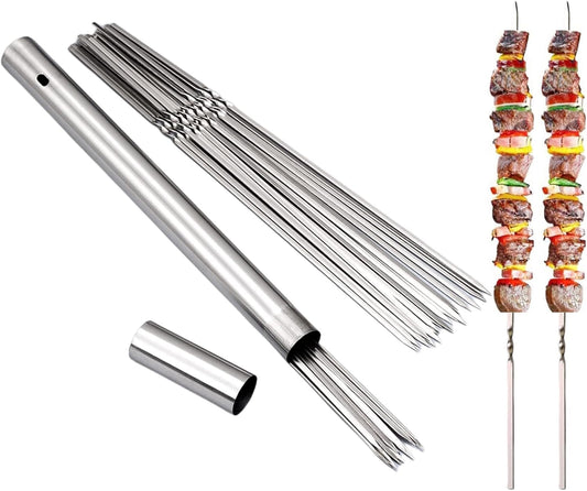 304 Stainless Steel 14.8" Long Flat Barbecue Skewers,20PCS/40PCS BBQ Kebab Skewers with Portable Metal Storage Tube,Reusable for Grilling Barbecue Kitchen Party and Outdoor Cooking (40PCS)