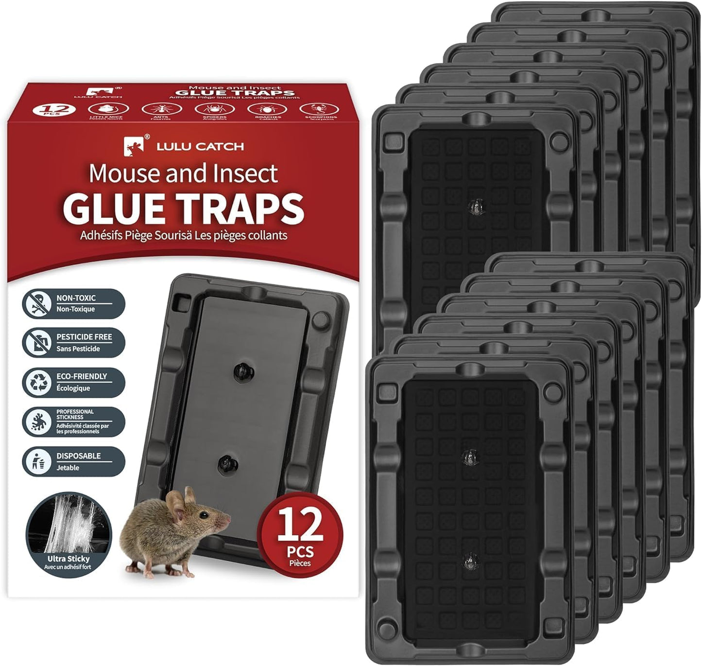 LULUCATCH Mouse & Insect Traps 12 Pack, Heavier Sticky Traps with Non-Toxic Glue for Small Mice & Insects. Sticky Mouse Traps Indoor, Easy to Set, Pet Safe Pest Control