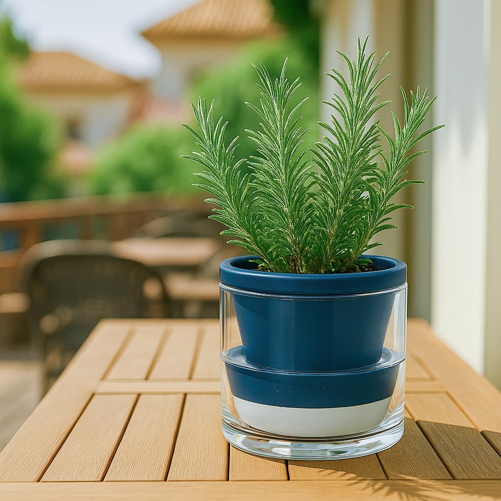 D'vine Dev 6 Inch Design Self Watering Planter for Indoor Plants, Blue Terracotta Pot with Cylinder Glass Cup, 37-X-B-4