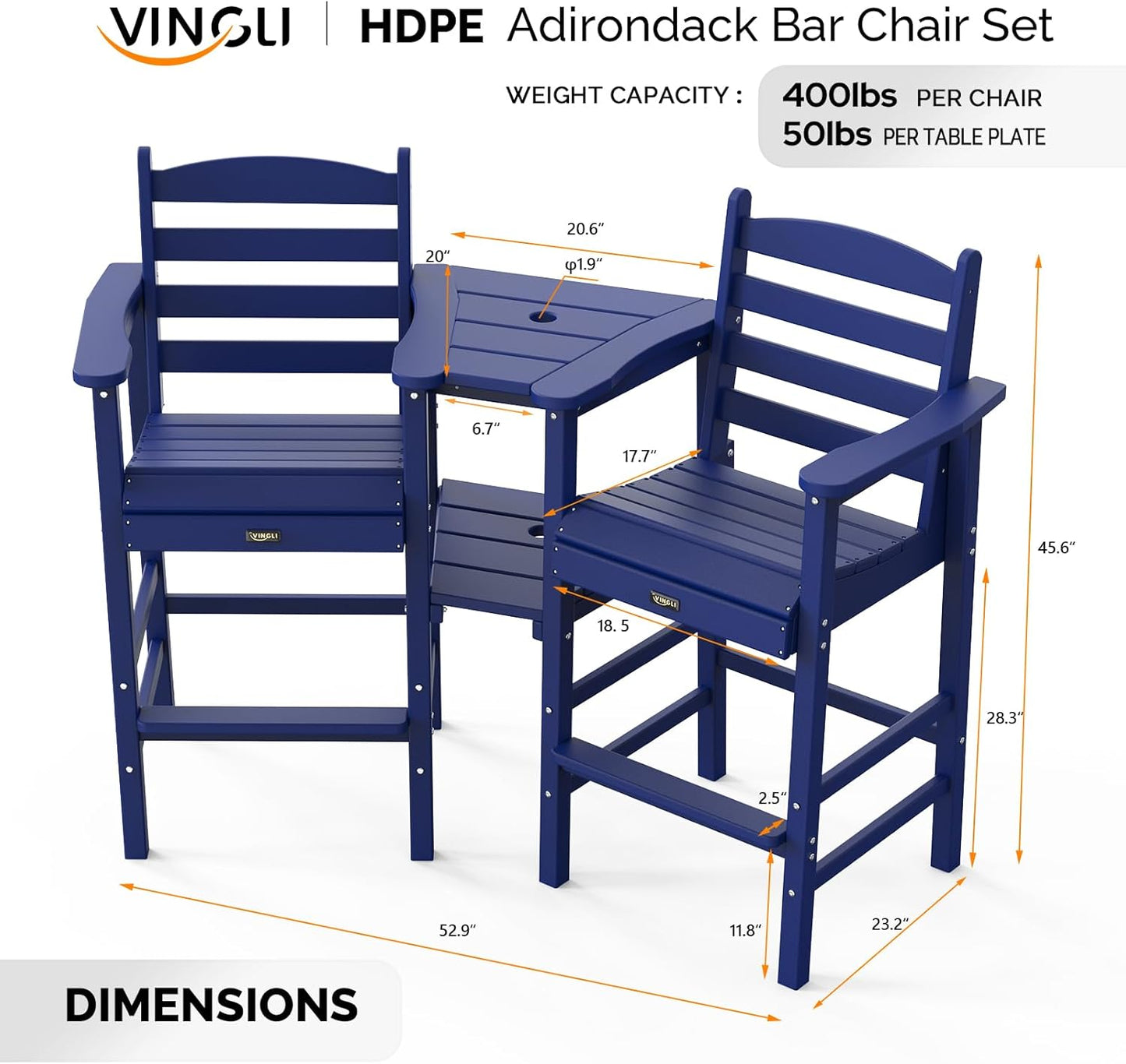 VINGLI Tall Adirondack Chairs Set of 2 with Removable Double Connecting Trays, HDPE Weather Resistance Outdoor Bar Stools Poly Deck Chairs for Patio Pool, 350LBS Capacity (Navy Blue)