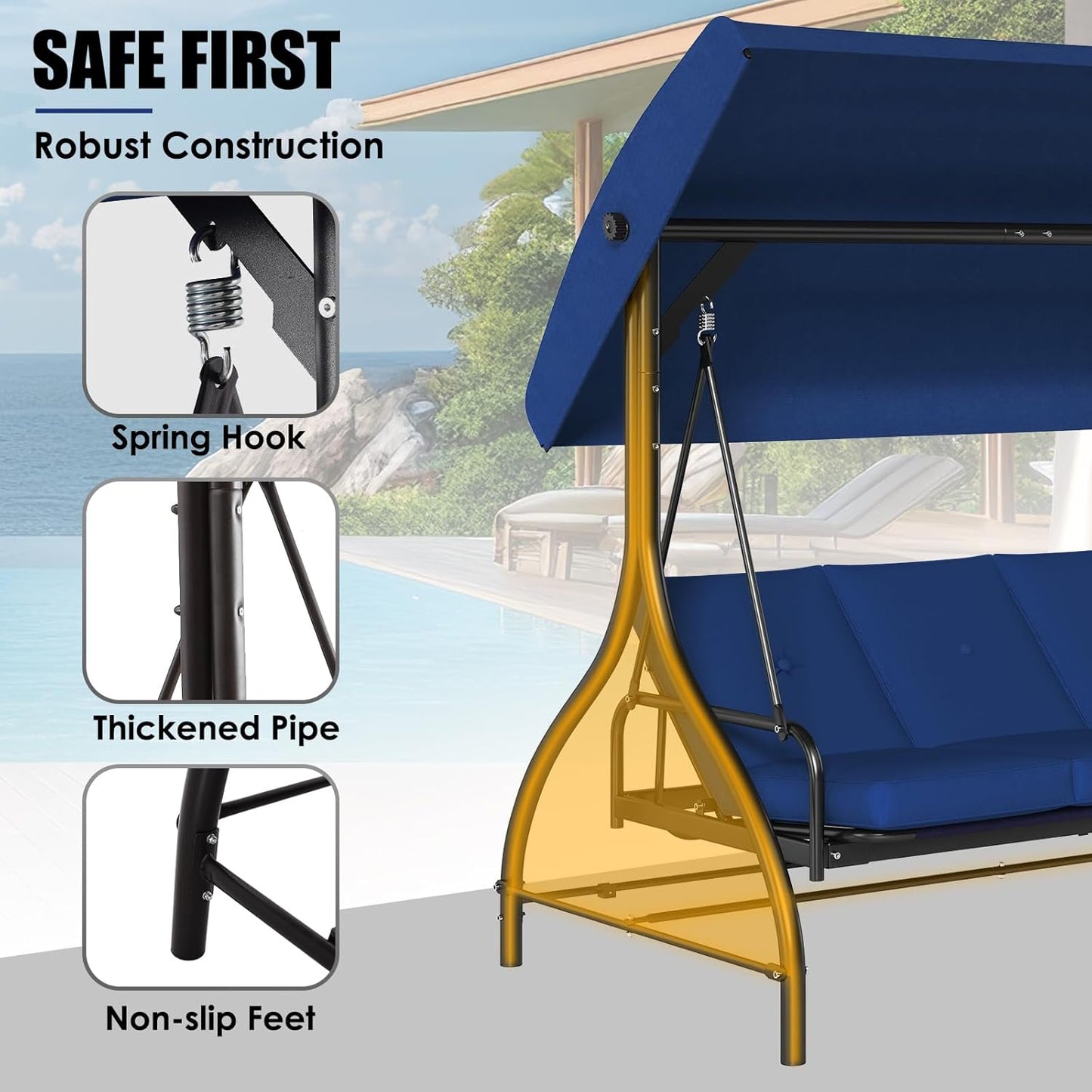 MAMIZO 3-Seat Patio Swing with Adjustable Canopy & Backrest, Outdoor Porch Swing Chair for Adults, Outside Porch Converting Bed Thickened Removable Cushions, 2mm Steel Pipe, for Garden, 750LBS