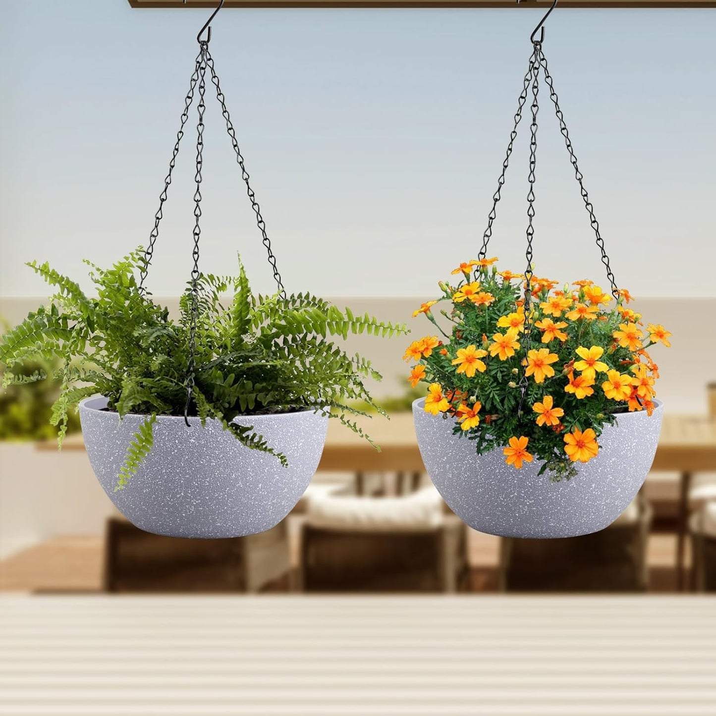 8 inch Small Hanging Planters for Indoor Outdoor Plants, 2 Pack Hanging Flower Pots with Drainage Holes and Chain for Garden Porch, Plastic Hanging Baskets for House Plants, Speckled Grey