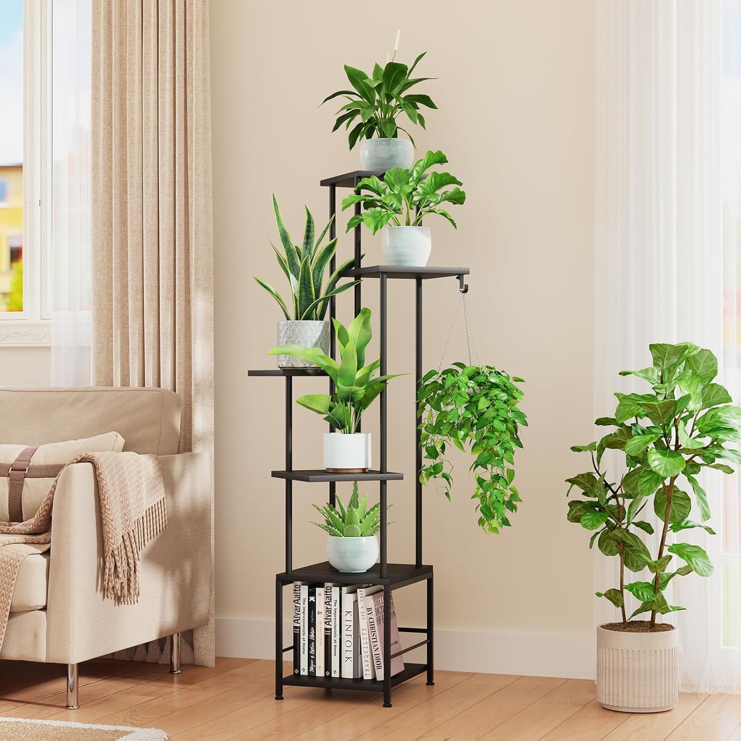 Plant Stand Indoor with Grow Light, 6-Tiered Tall Plant Stand Indoor, Metal Plant Shelf with Hanging Basket Hook and Adjustable Light, Ideal for Living Room, Garden, Patio, Black