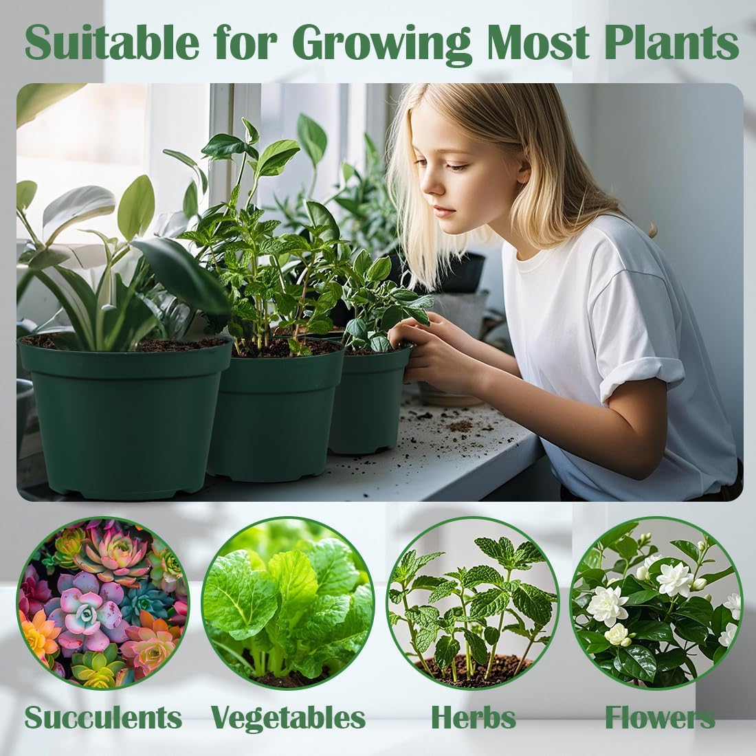 15 Pack 4/6/8 Inch Plant Nursery Pots, Thickened Plastic Pots for Plants with Drainage Holes, Sturdy Seedling Pots, Seed Starting Pot, Flower Pots for Indoor Outdoor Plants, Green