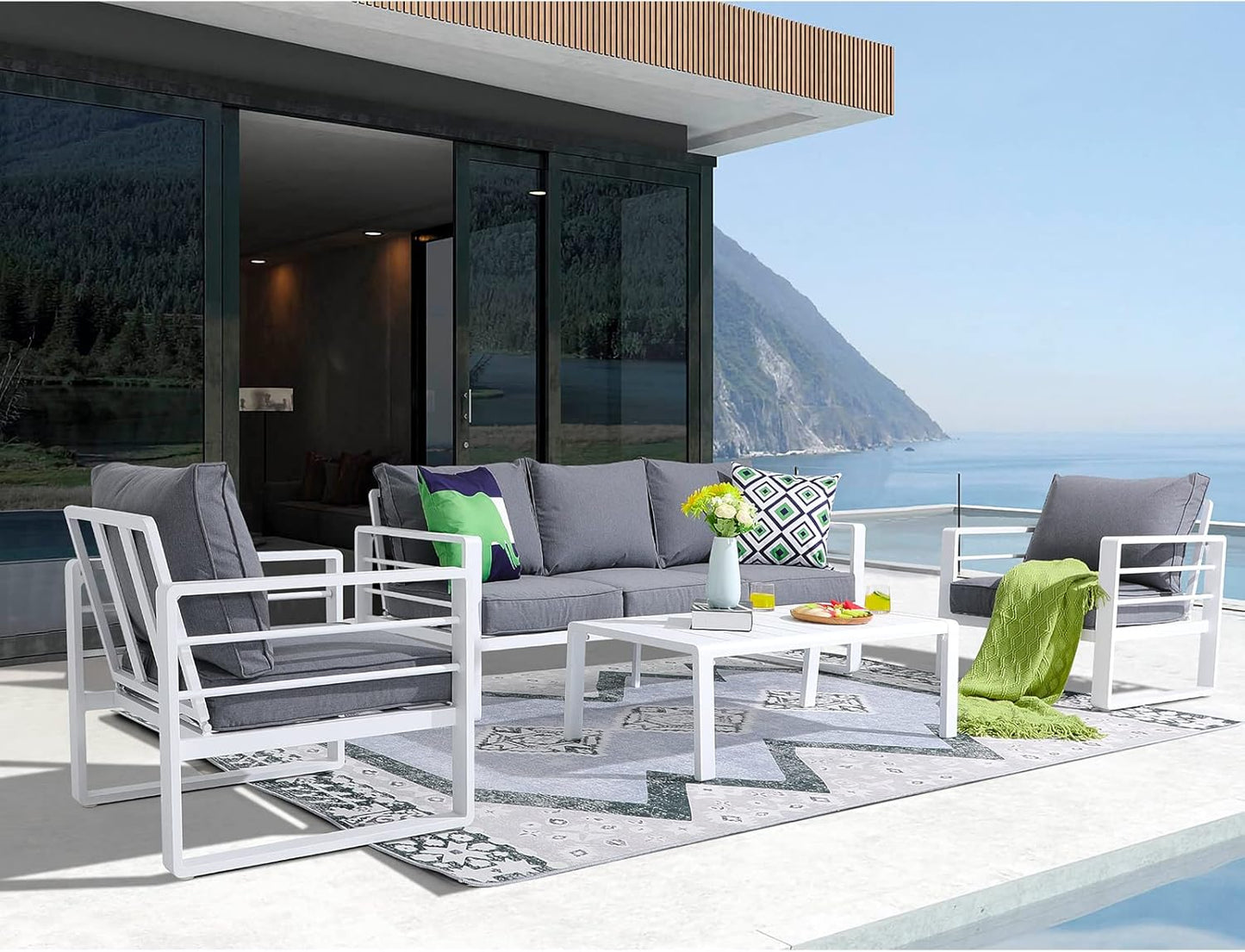 Patiorama Aluminum Patio Furniture Set, 4 PCS Modern Patio Conversation Set, All Weather White Outdoor Sectional Sofa Set w/Coffee Table, 3-Seater Sofa, Superior Olefin Cushion, Garden-Grey Cushion