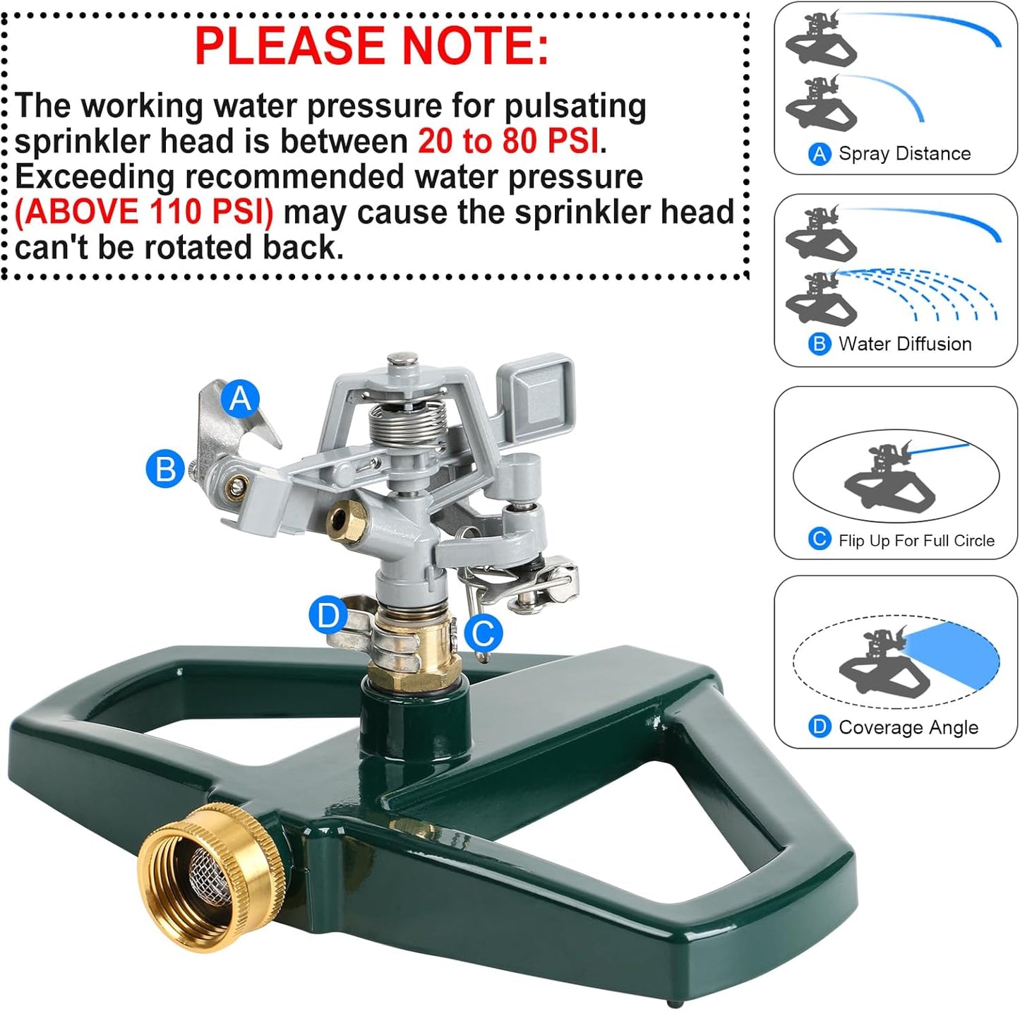 STYDDI Heavy Duty Impact Pulsating Sprinkler for Yard, All Metal Adjustable Rotating Circular Impulse Lawn Sprinkler for Medium to Large Areas, Lawn and Garden, Coverage up to 5,800 Sq. Ft