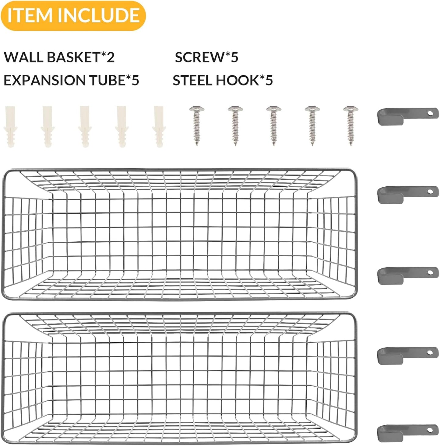 2 Sets Extra Large Hanging Wall Basket, Grey Metal Wire Baskets with Steel Hooks for Organizing, WallmountedFruit Vegetable Toy Snack Storage, Home Kitchen Bathroom Laundry Pantry Organizer