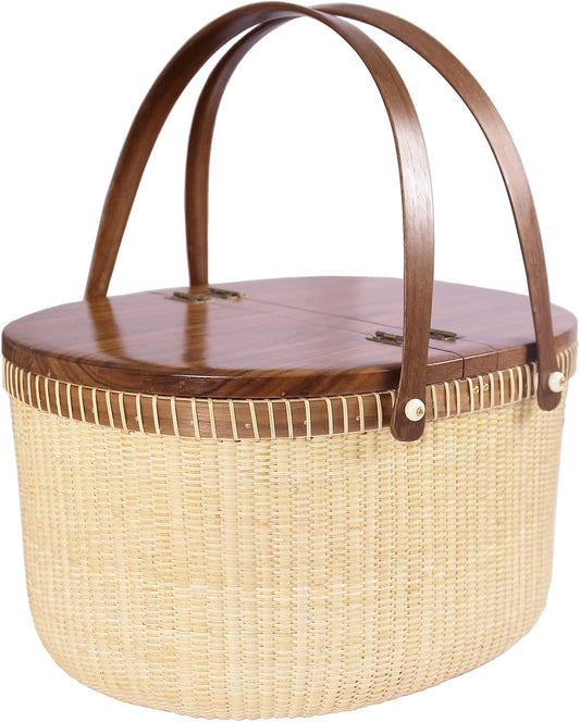 Nantucket Basket Crafts Cane-on-Cane Weave Picnic Basket Shopping Basket Basket Storage Basket Two Swing Handles (Black Walnut Activity Double Open)