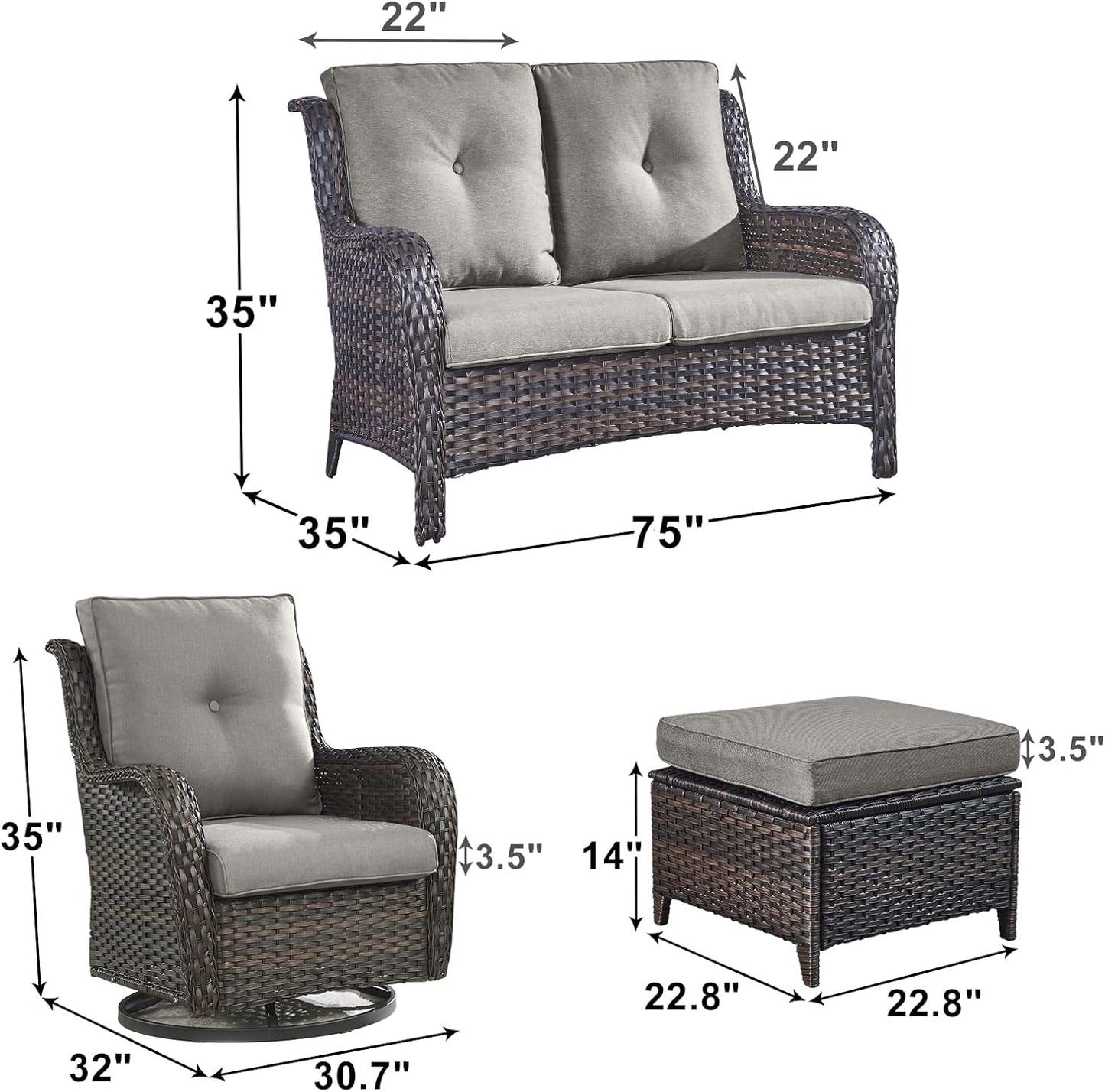 Outdoor Wicker Patio Furniture Set - 5 Piece Rattan Patio Conversation Set with 2 Rocking Swivel Chairs,2 Ottomans and 1 Loveseat for Porch Deck Backyard Garden(Brown/Grey)